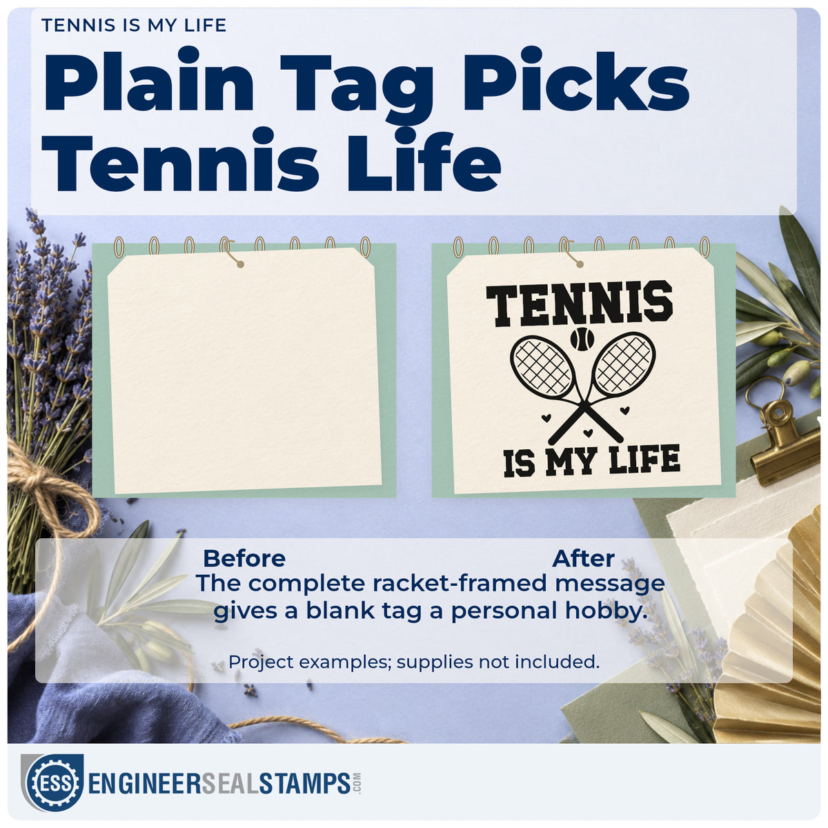 Before and after of a plain item finished with the Vintage Pro Tennis Is My Life Premium Wooden Stamp, a quick upgrade for framed court fence.