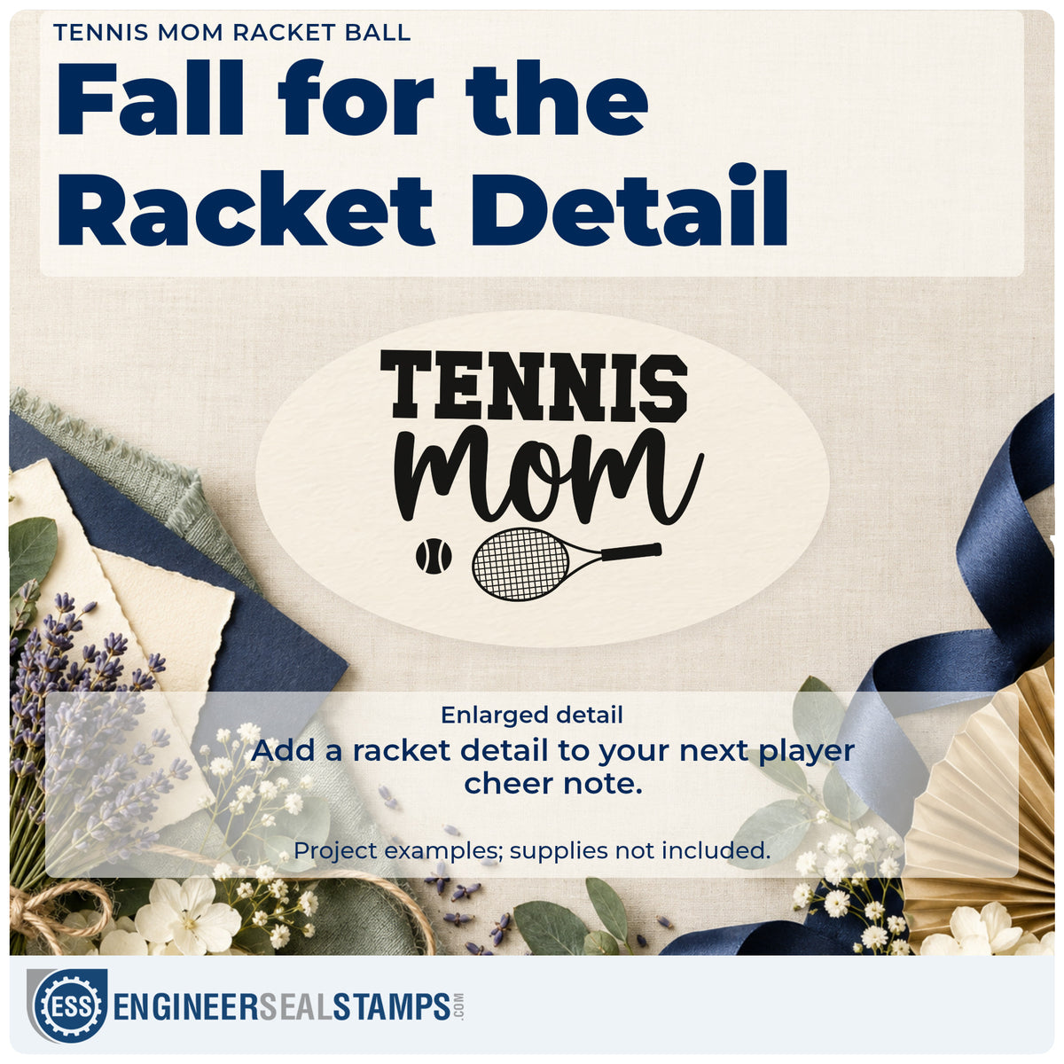 Enlarged detail of the Racket And Ball Tennis Mom Wood-Mounted Rubber Stamp imprint. TENNIS mom appears above a tennis racket and small ball.