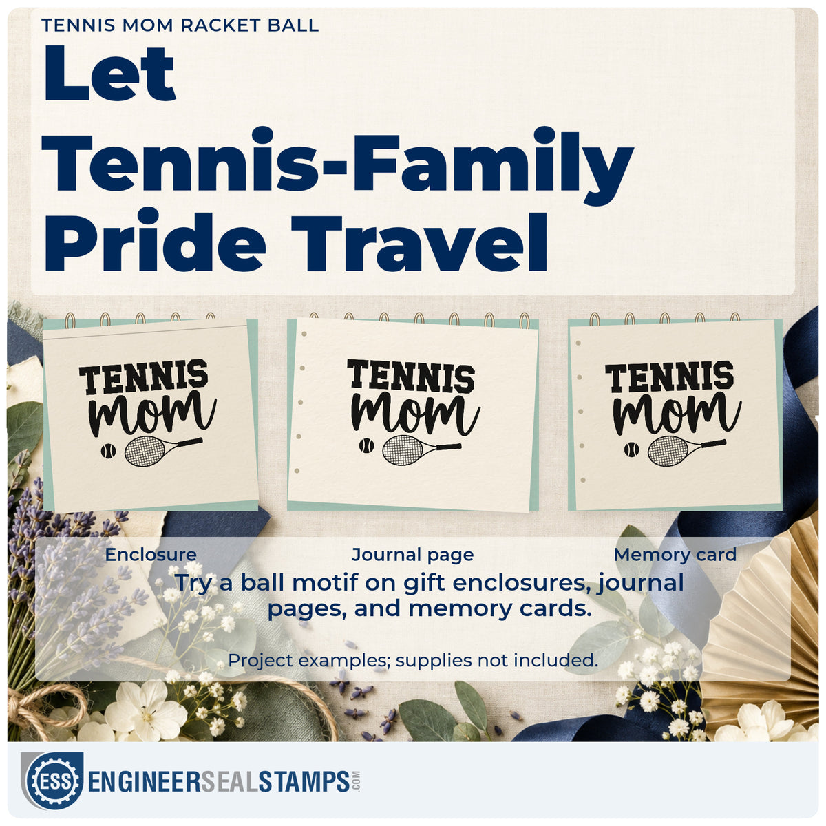 Three project examples made with the Racket And Ball Tennis Mom Wood-Mounted Rubber Stamp, including snack rota sheet.