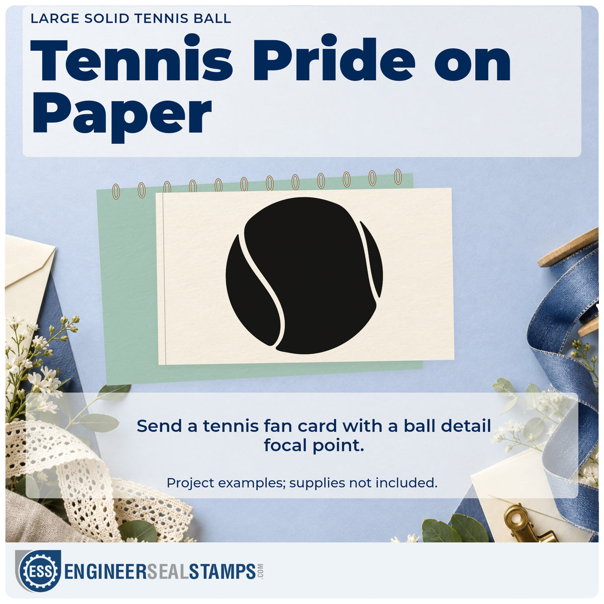 A finished handmade project stamped with the Tennis Ball With Curved Cutout Seams Slim Pre-Inked Stamp, ideal for machine album page.