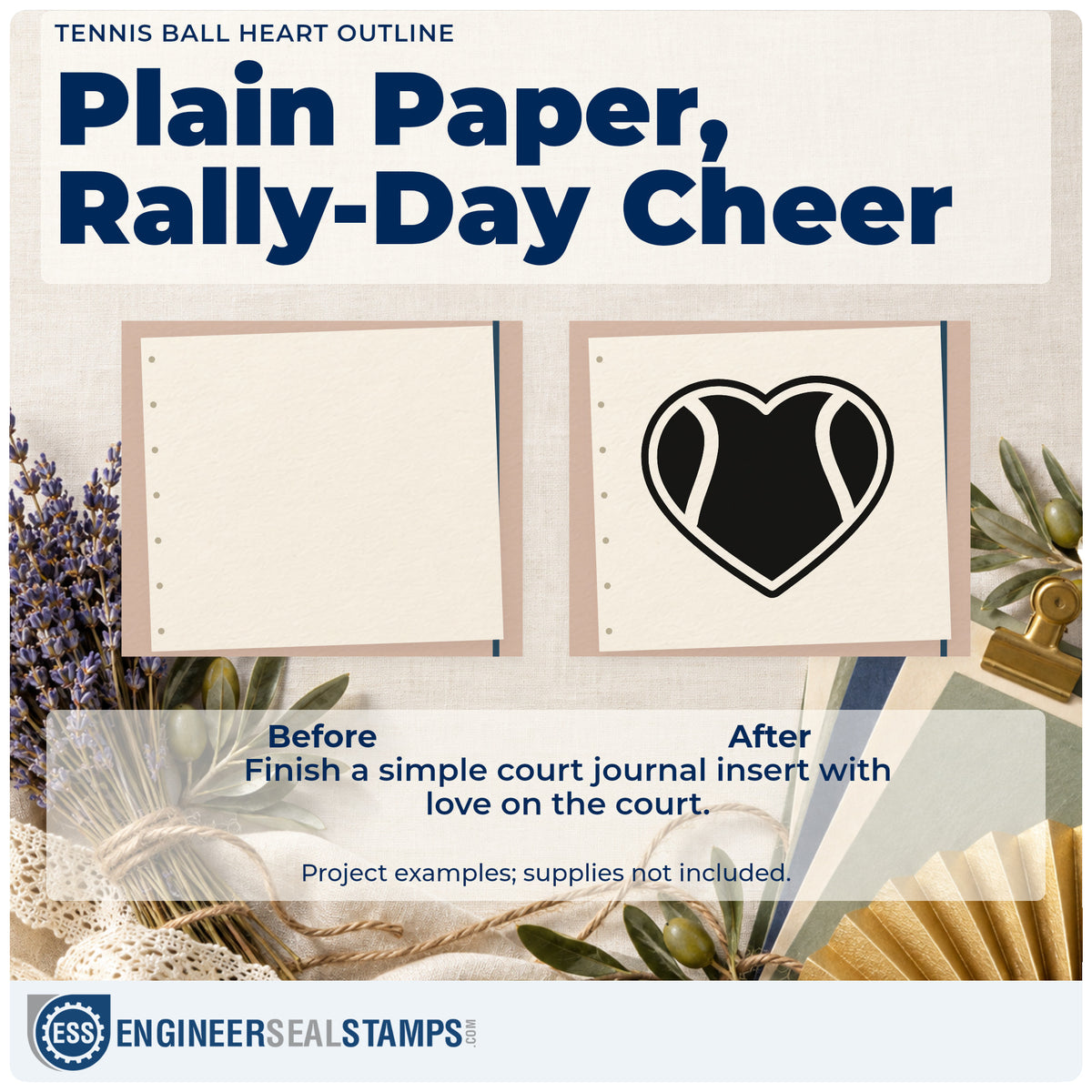 Before and after of a plain item finished with the Tennis Ball Heart Line Art Slim Pre-Inked Stamp, a quick upgrade for framed entry tent.