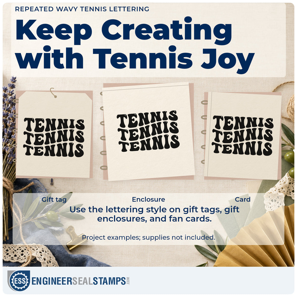 Three project examples made with the Repeated Wavy Tennis Word Art Slim Pre-Inked Stamp, including stock order sheet.