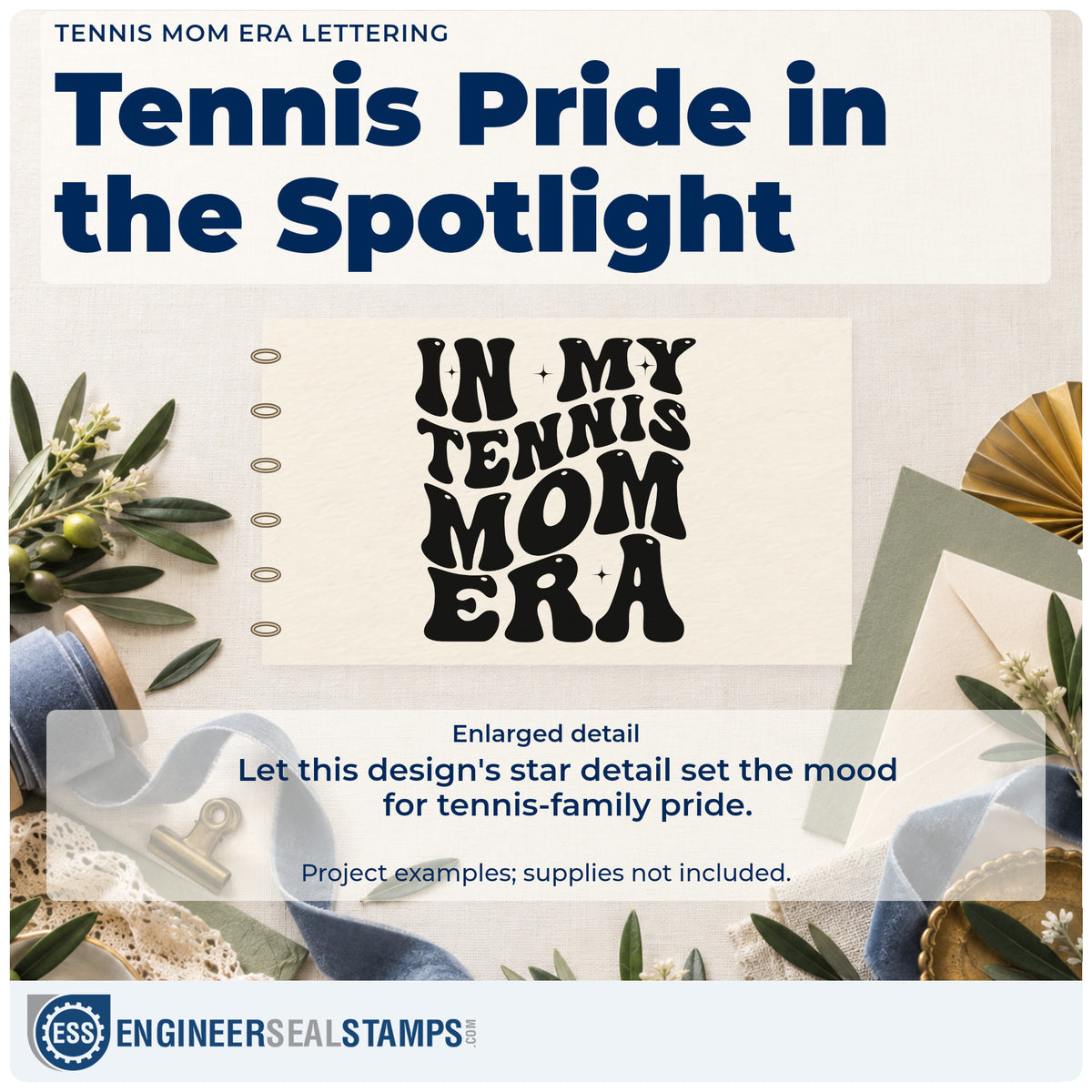 Enlarged detail of the Pre-Inked Tennis Mom Era Lettering Stamp – PSI imprint. IN MY TENNIS MOM ERA appears in chunky wavy letters with small sparkles.