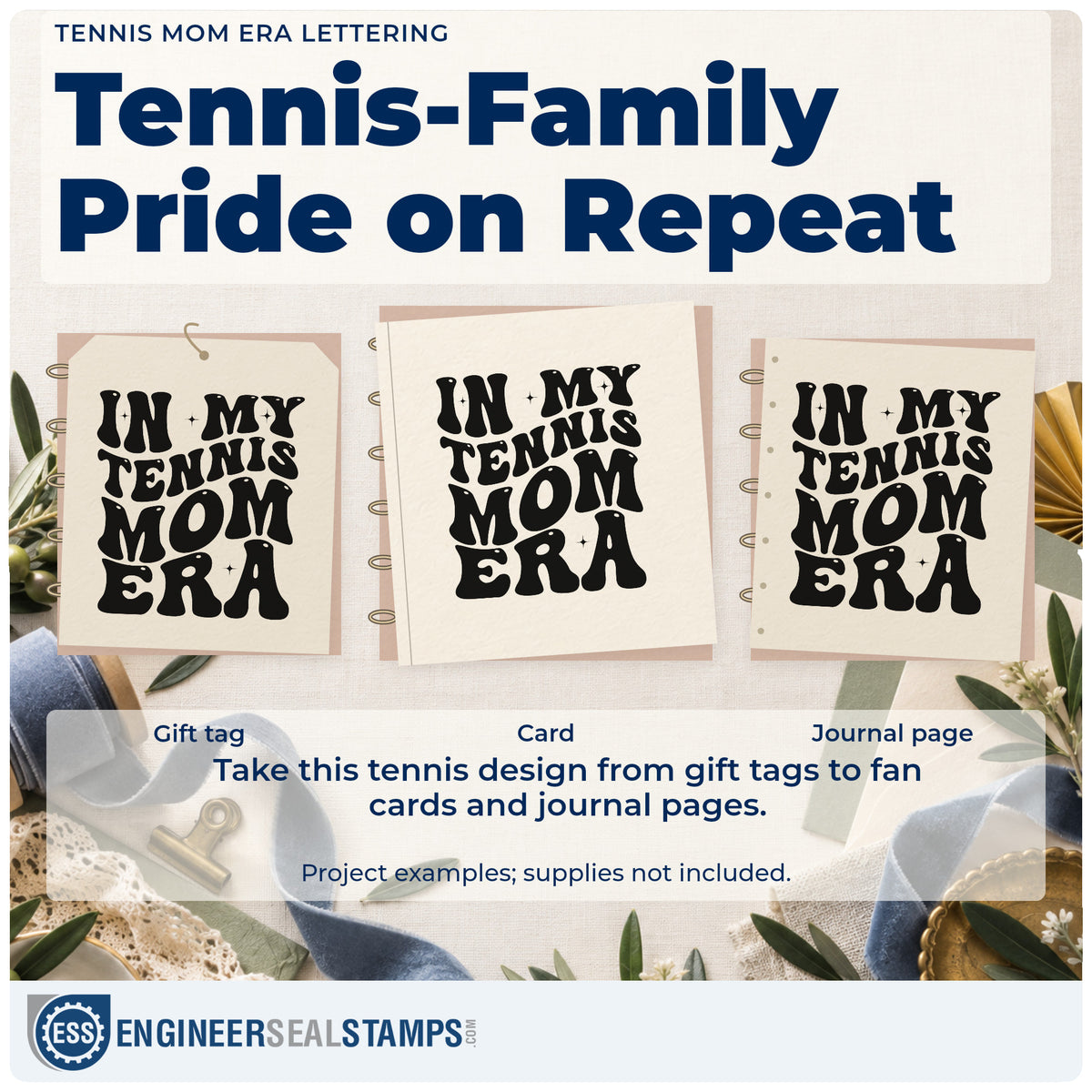 Three project examples made with the Pre-Inked Tennis Mom Era Lettering Stamp – PSI, including order count sheet.