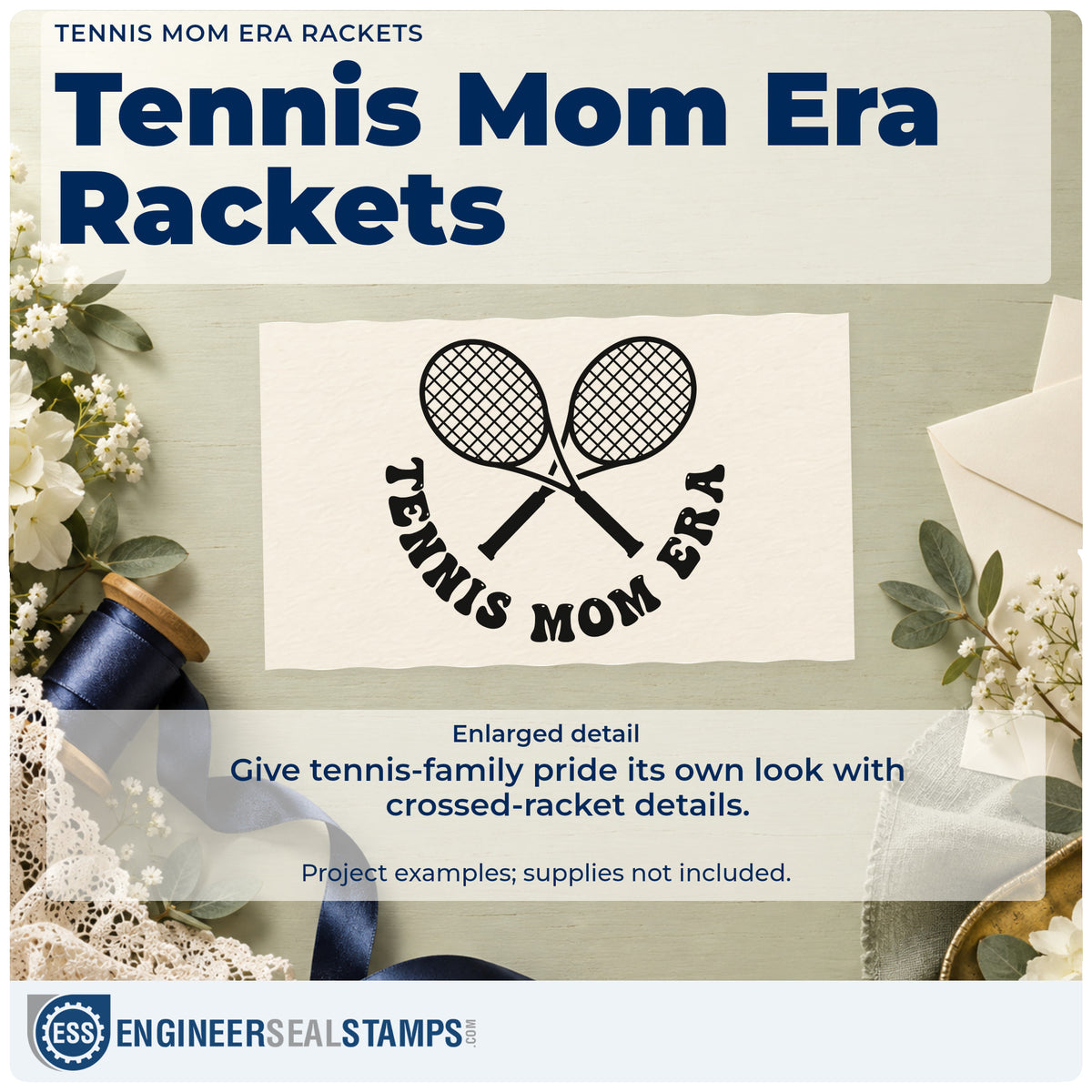 Enlarged detail of the Tennis Mom Era Rackets Lettering Stamp – Wood Handle imprint. Two crossed tennis rackets sit above the curved words TENNIS MOM ERA.