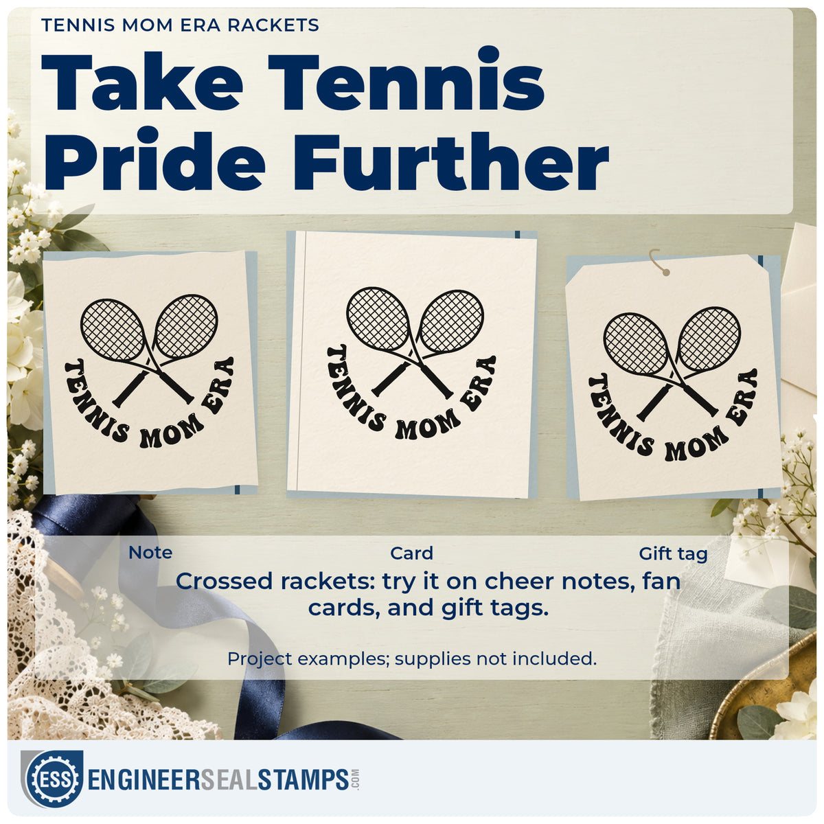 Three project examples made with the Tennis Mom Era Rackets Lettering Rubber Stamp – Duo Hand, including order form sheet.