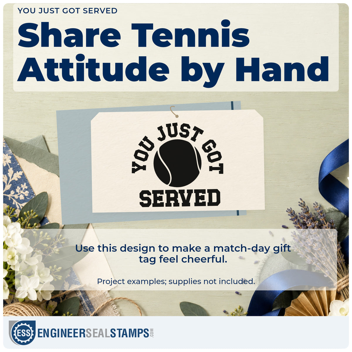 A finished handmade project stamped with the Slim Pre-Inked You Just Got Served Tennis Ball Stamp, ideal for junior event album page.