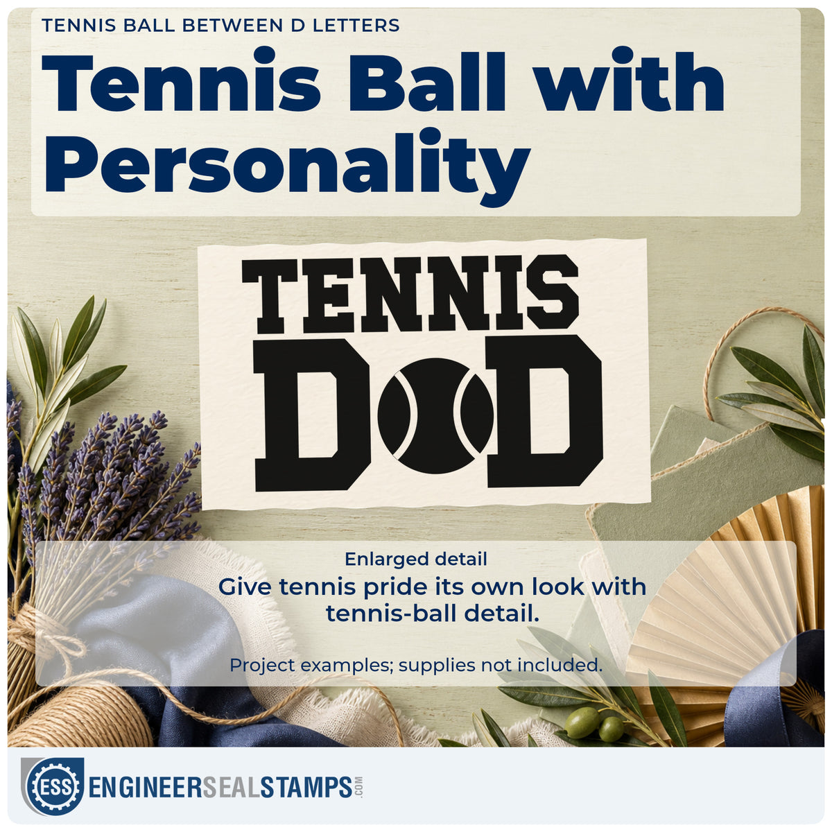 Enlarged detail of the Two D Letters With Tennis Ball Hand Stamp – Duo imprint. TENNIS appears above two large D letters flanking a tennis ball.