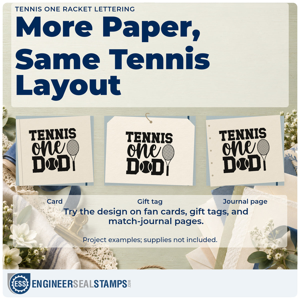 Three project examples made with the Racket And Tennis Ball Between D Letters Slim Pre-Inked Stamp, including string log sheet.