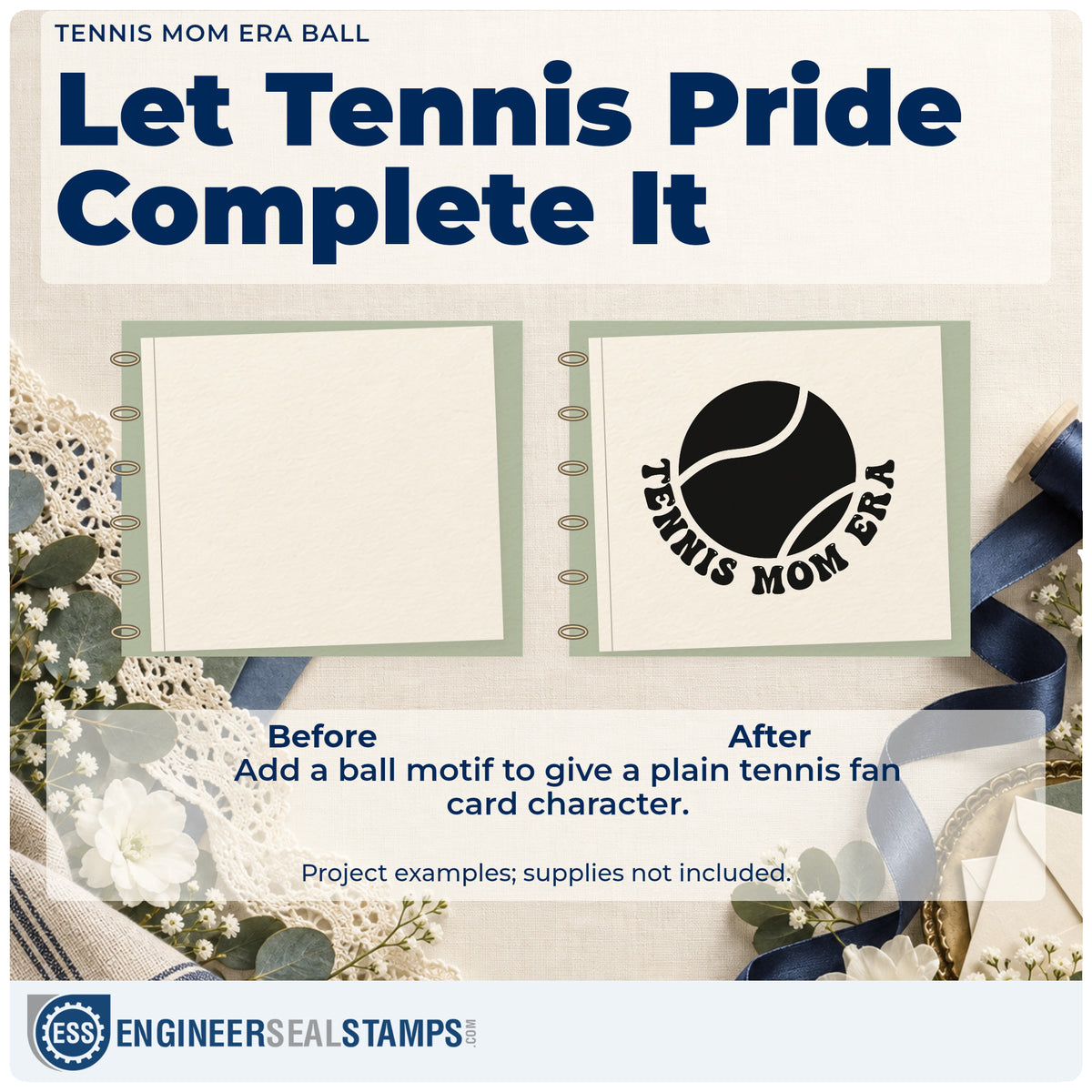 Before and after of a plain item finished with the Tennis Mom Era Ball Lettering Stamp – PSI Pre-Inked, a quick upgrade for framed garage hook.