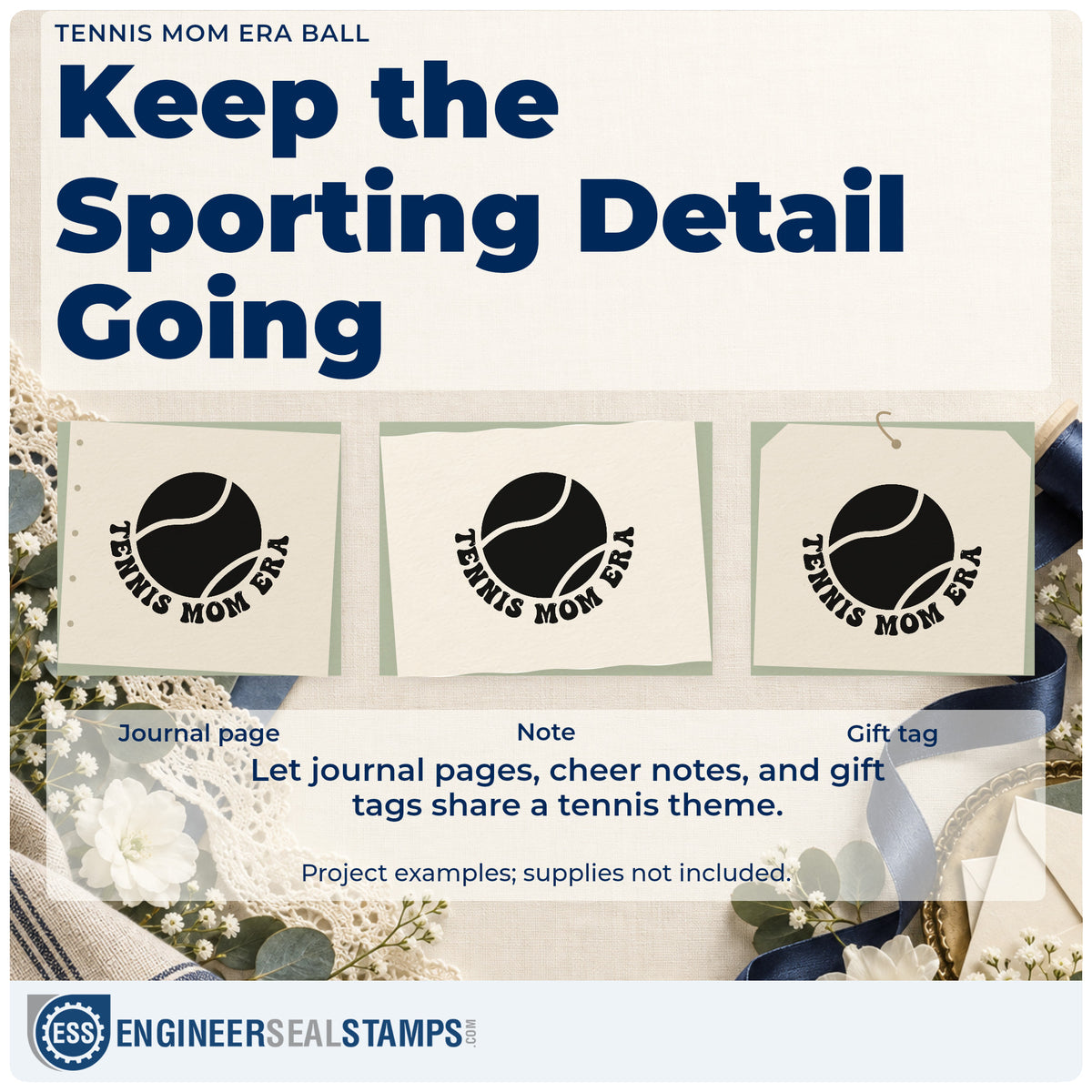 Three project examples made with the Tennis Mom Era Ball Lettering Stamp – PSI Pre-Inked, including travel plan sheet.