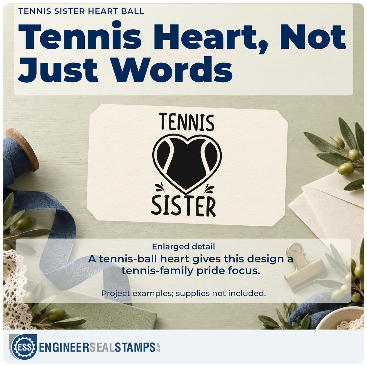 Enlarged detail of the Sister Tennis Heart Lettering PSI Pre-Inked Stamp imprint. TENNIS SISTER surrounds a heart-shaped tennis ball with small accent strokes.