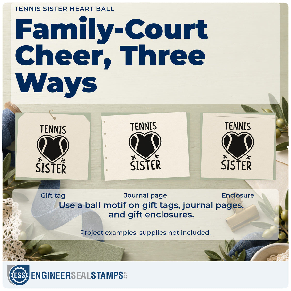 Three project examples made with the Sister Tennis Heart Lettering Stamp – Slim Pre-Inked, including year index sheet.