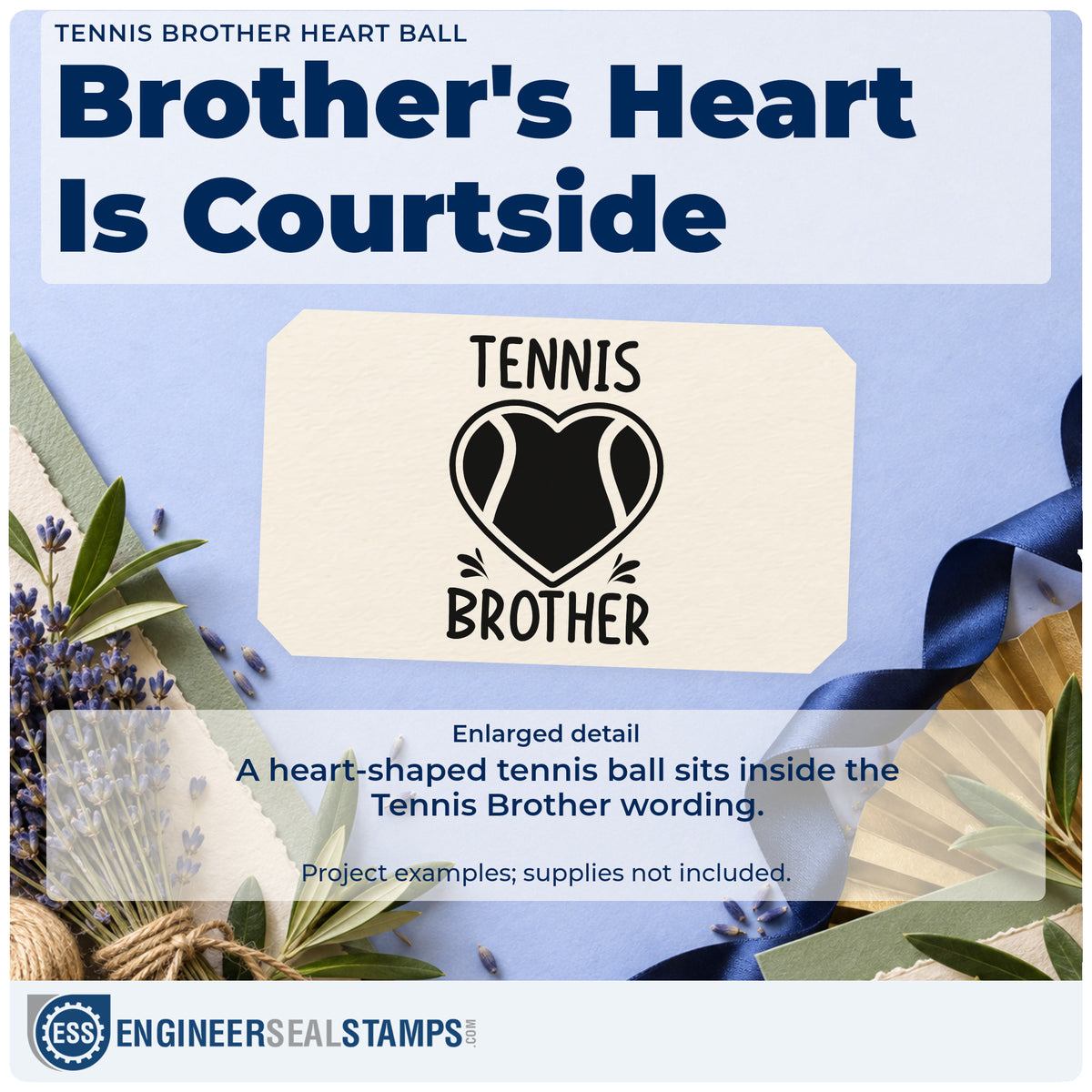 Enlarged detail of the Tennis Brother Heart Ball Wood Handle Stamp imprint. TENNIS BROTHER surrounds a heart-shaped tennis ball with small accent strokes.