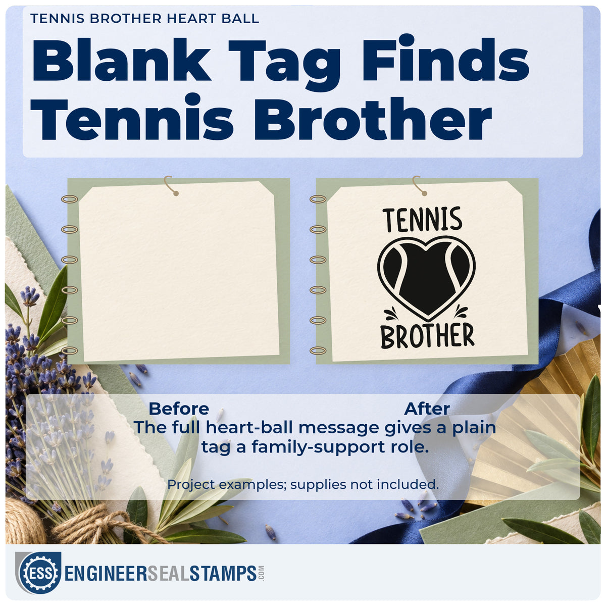 Before and after of a plain item finished with the Tennis Brother Heart Ball Pre-Inked Stamp – PSI, a quick upgrade for framed garage wall.
