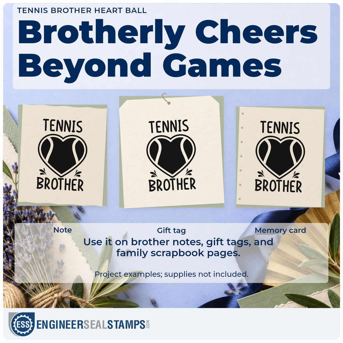 Three project examples made with the Tennis Brother Heart Ball Wood Handle Stamp, including rally count sheet.