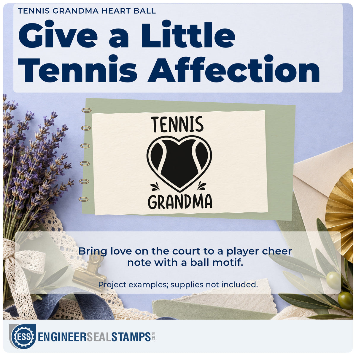 A finished handmade project stamped with the Grandma Tennis Heart Lettering Pre-Inked Stamp – Slim, ideal for courtside album page.