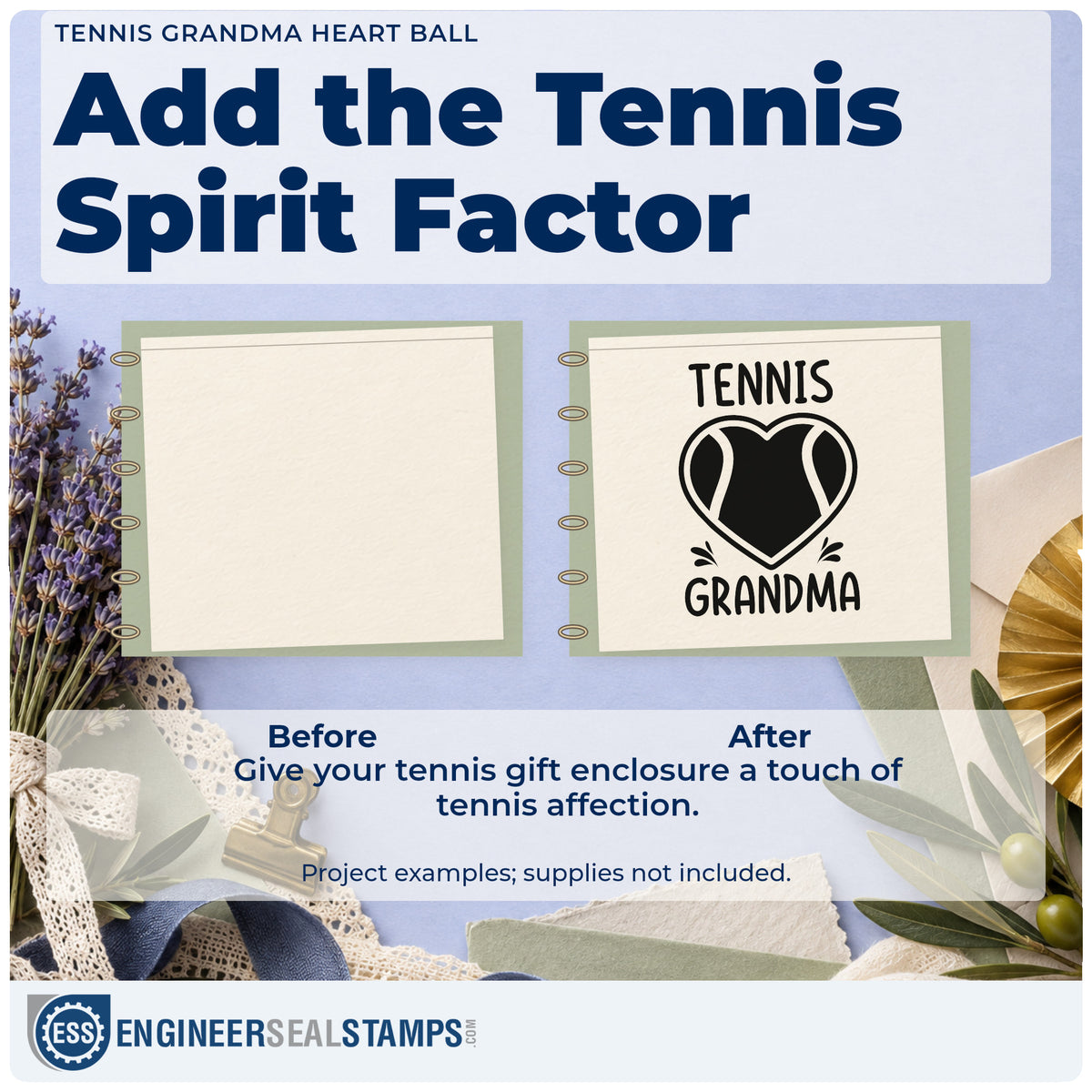 Before and after of a plain item finished with the Grandma Tennis Heart Lettering Rubber Stamp – Wood Handle, a quick upgrade for framed living shelf.