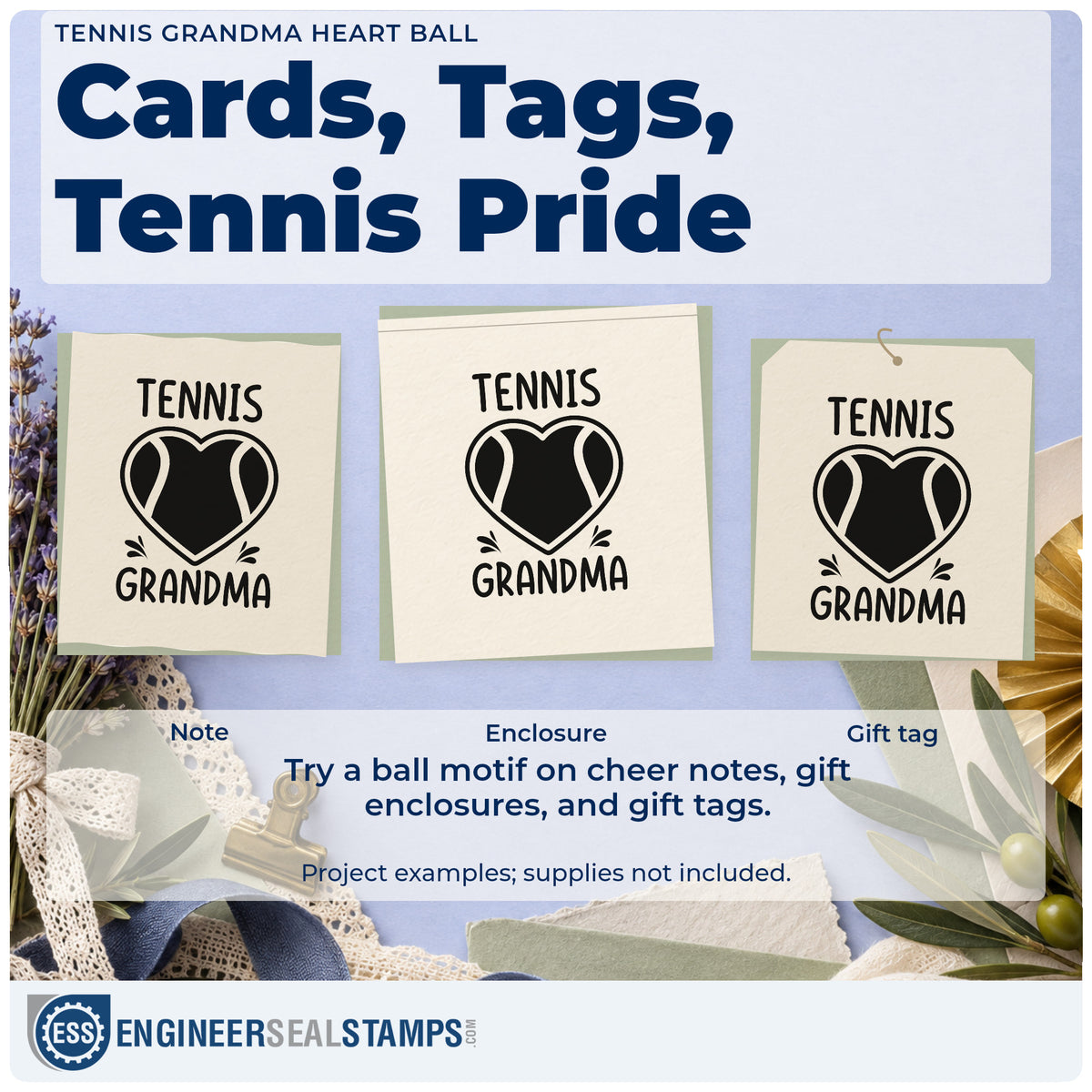 Three project examples made with the Grandma Tennis Heart Lettering Hand Stamp – Duo, including match attend sheet.