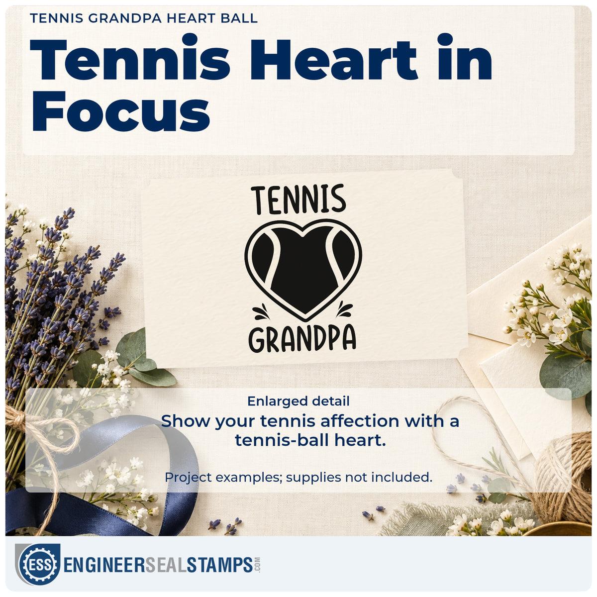 Enlarged detail of the Tennis Grandpa Heart Ball PSI Pre-Inked Stamp imprint. TENNIS GRANDPA surrounds a heart-shaped tennis ball with small accent strokes.