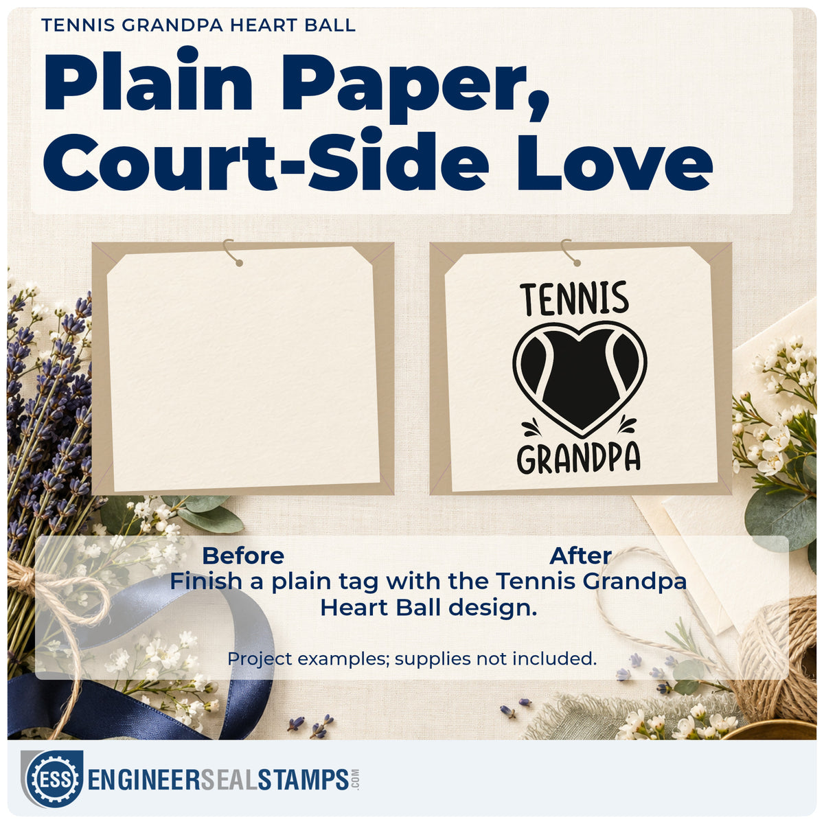 Before and after of a plain item finished with the Tennis Grandpa Heart Ball Rubber Stamp – Duo Hand, a quick upgrade for framed court shelter.