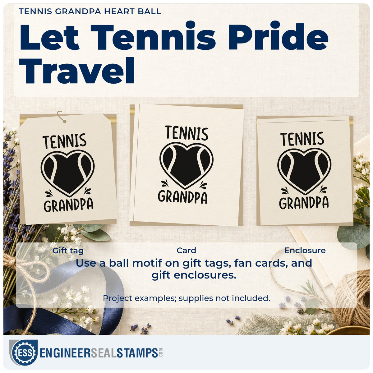 Three project examples made with the Tennis Grandpa Heart Ball Compact Pre-Inked Stamp – Slim, including group rota sheet.