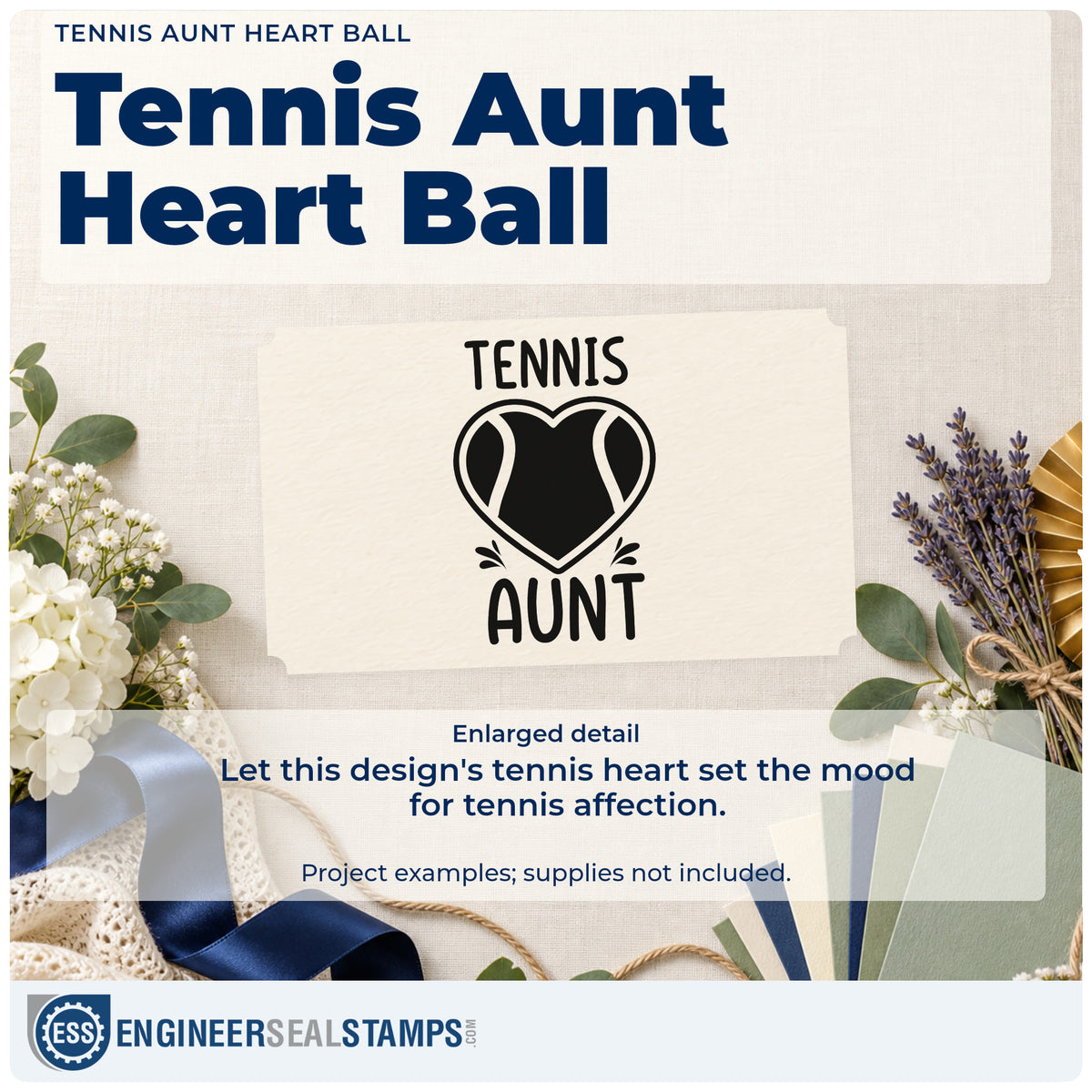 Enlarged detail of the PSI Pre-Inked Aunt Tennis Heart Lettering Stamp imprint. TENNIS AUNT surrounds a heart-shaped tennis ball with small accent strokes.