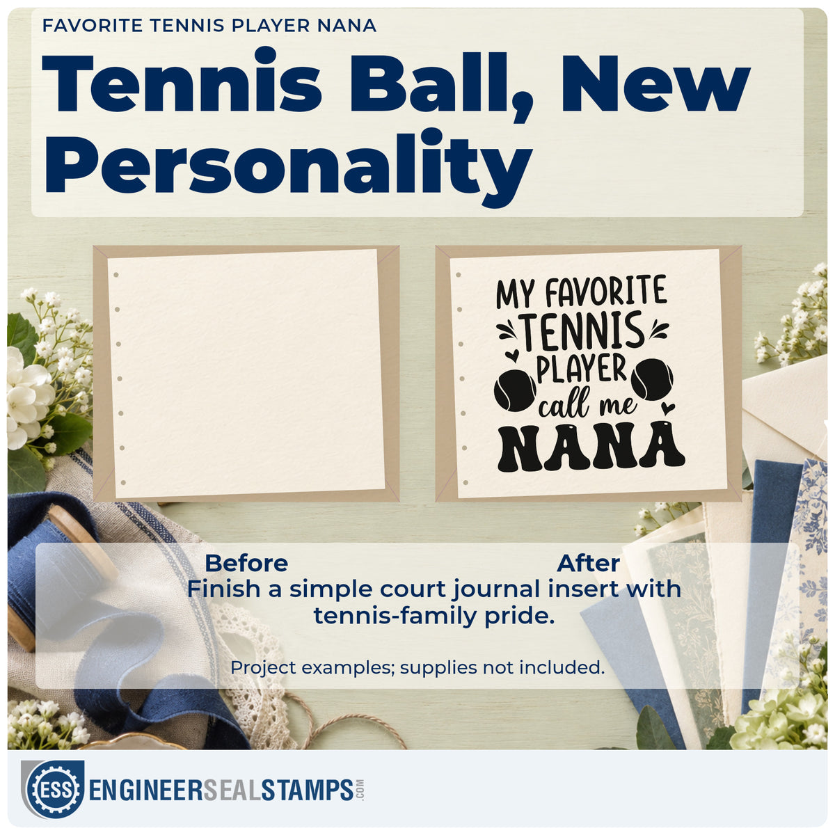 Before and after of a plain item finished with the Slim Pre-Inked Favorite Tennis Player Nana With Hearts Stamp, a quick upgrade for framed kitchen wall.