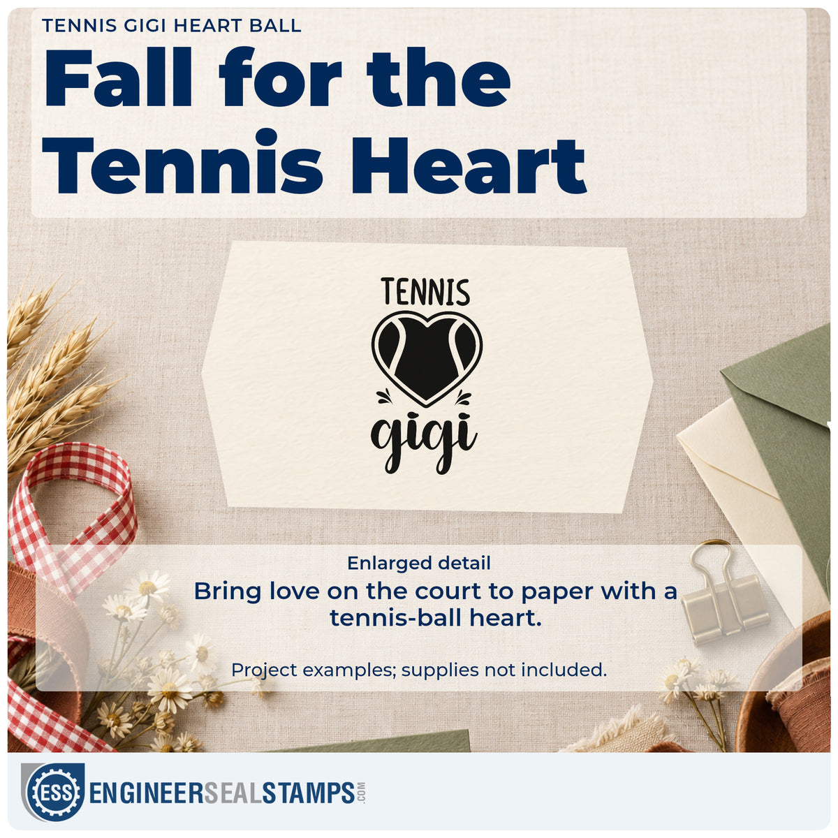 Enlarged detail of the Tennis Gigi Heart Ball Slim Pre-Inked Stamp imprint. TENNIS gigi surrounds a heart-shaped tennis ball with small accent strokes.