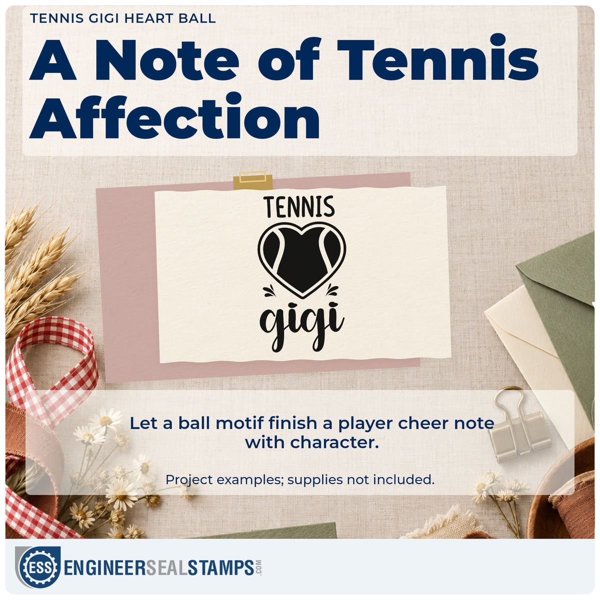 A finished handmade project stamped with the Tennis Gigi Heart Ball Slim Pre-Inked Stamp, ideal for dinner album page.
