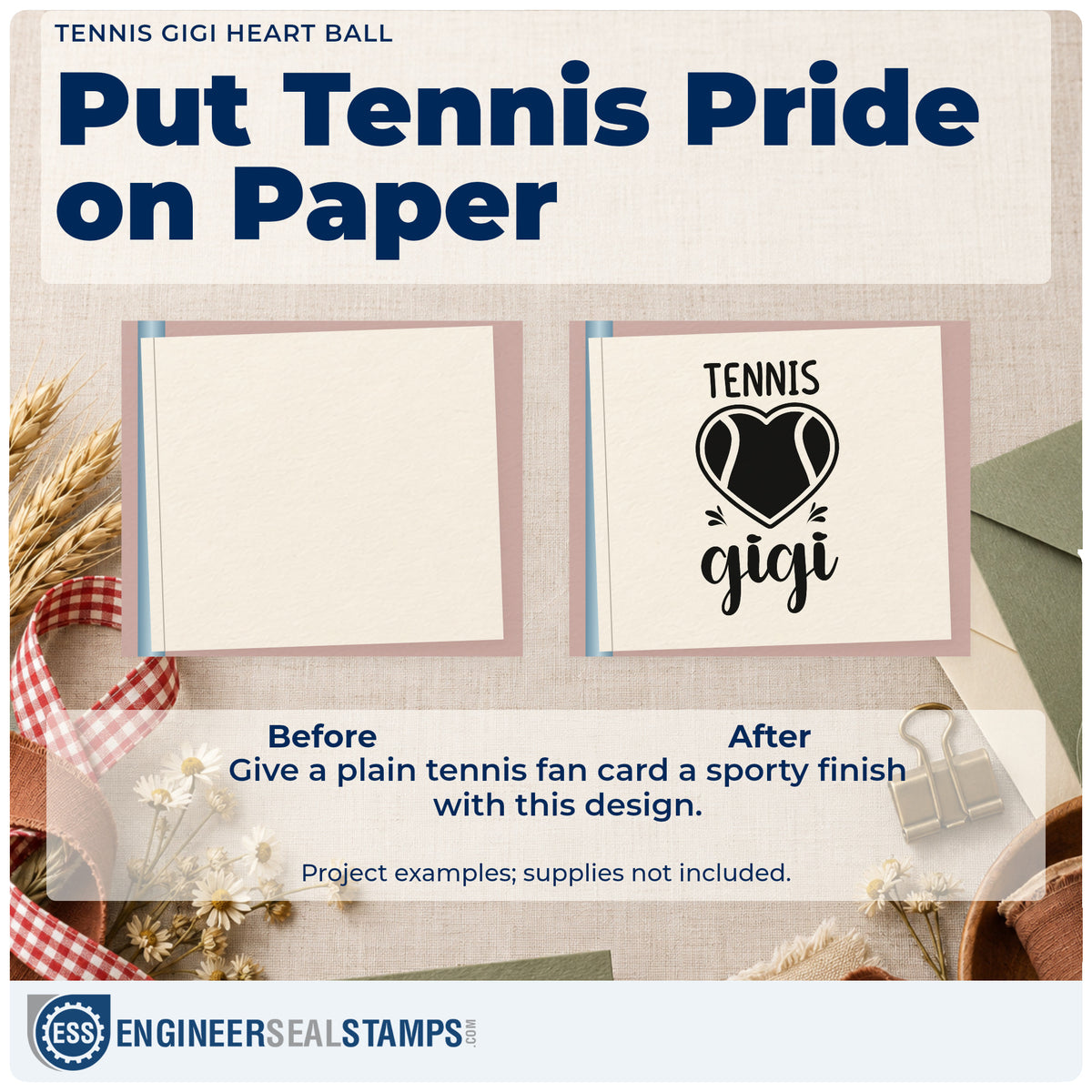 Before and after of a plain item finished with the Tennis Gigi Heart Ball Rubber Stamp – Duo Hand, a quick upgrade for framed dining wall.