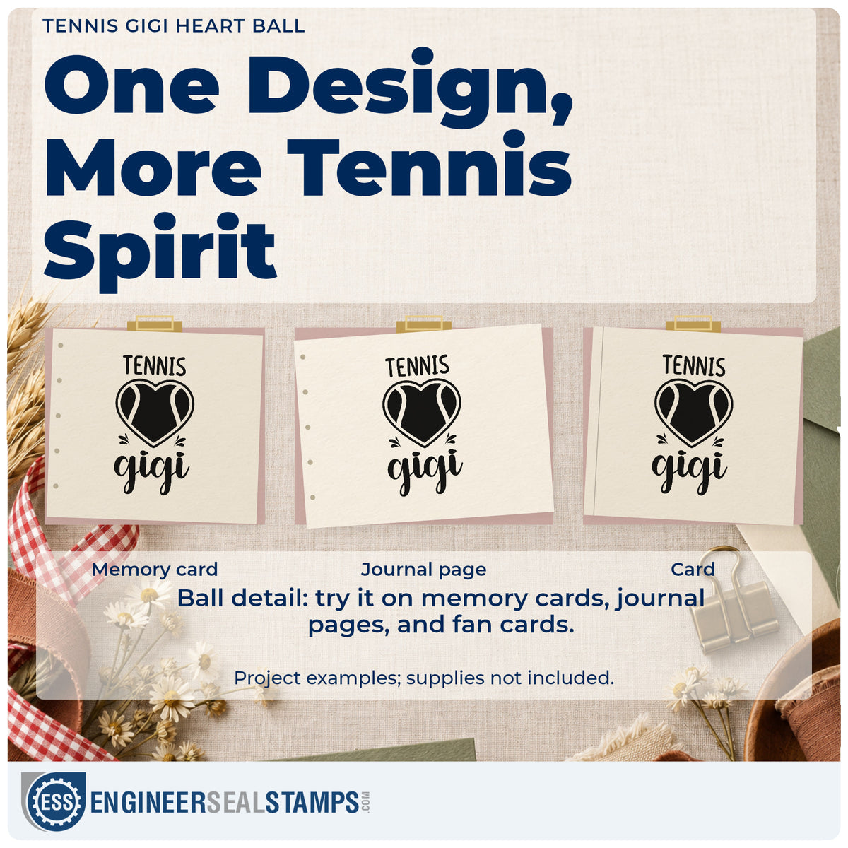 Three project examples made with the Tennis Gigi Heart Ball Slim Pre-Inked Stamp, including dinner rota sheet.