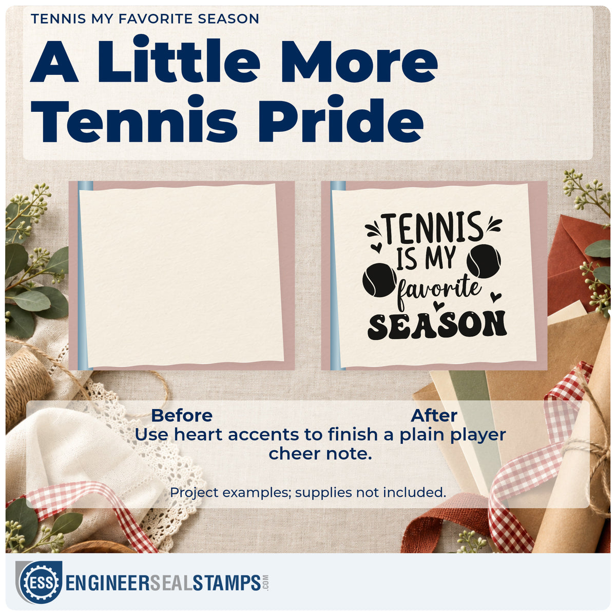 Before and after of a plain item finished with the Tennis My Favorite Season Rubber Stamp – Wood Handle, a quick upgrade for framed club entry.