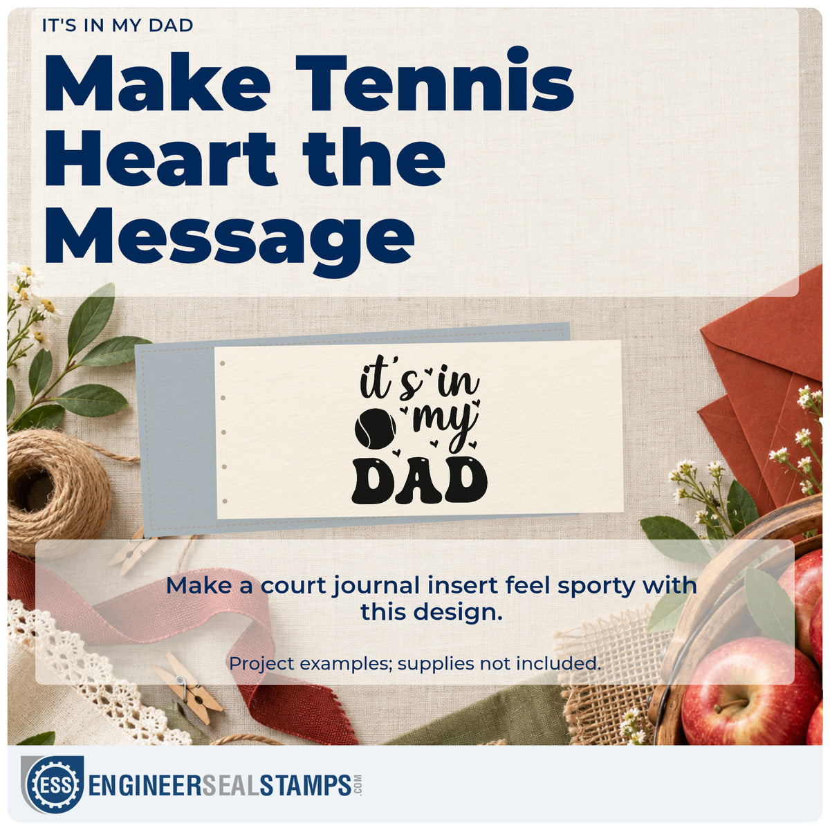 A finished handmade project stamped with the Tennis Ball And Hearts With Dad Lettering PSI Pre-Inked Stamp, ideal for family line album page.