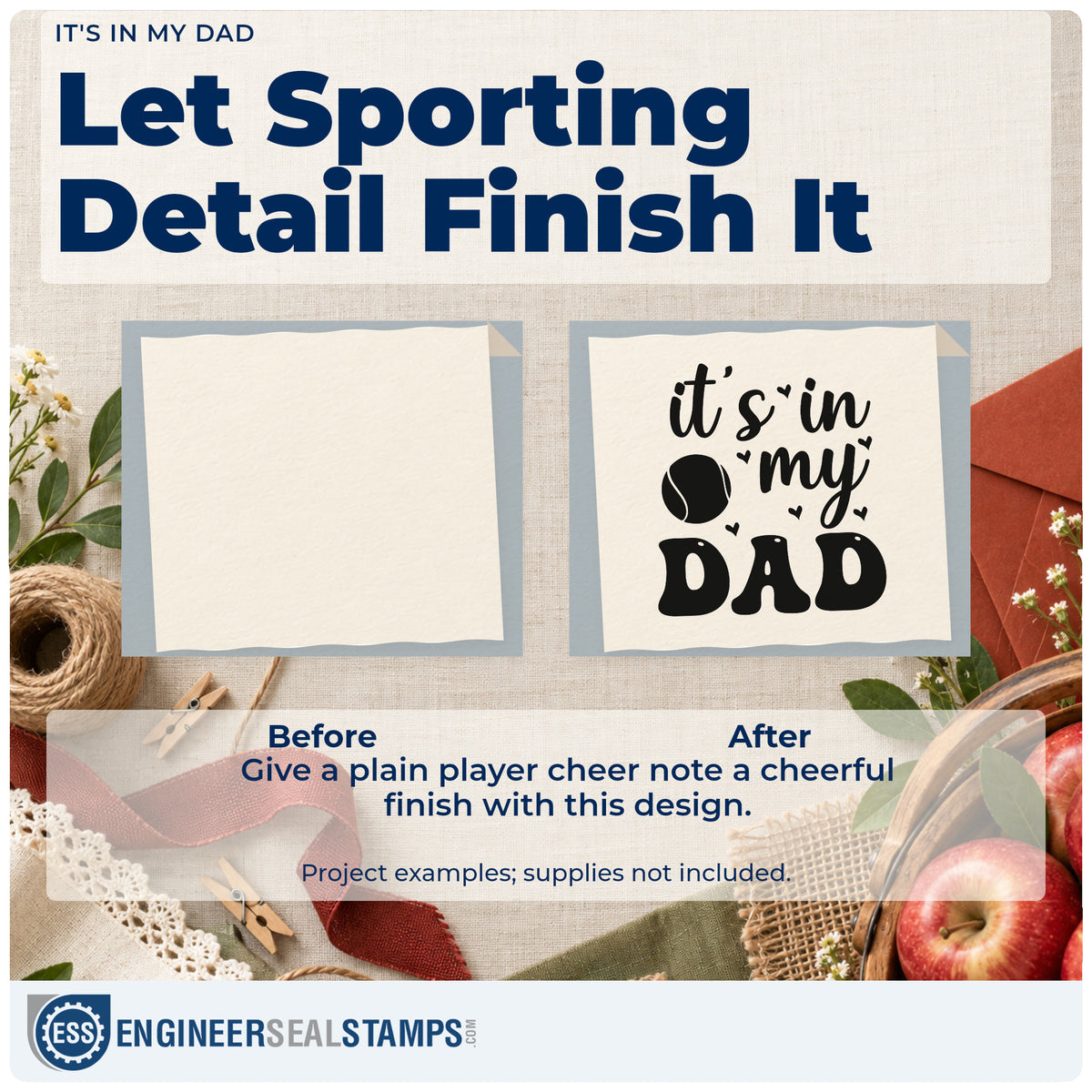 Before and after of a plain item finished with the Tennis Ball And Hearts With Dad Lettering Compact Pre-Inked Stamp – Slim, a quick upgrade for framed stair wall.