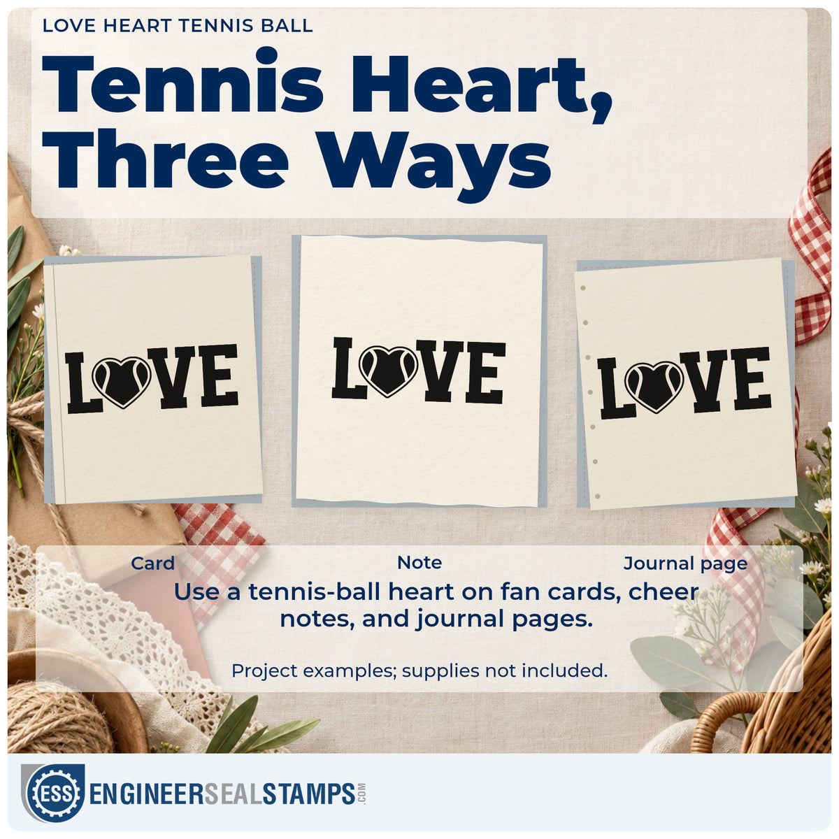 Three project examples made with the Love With Heart-Shaped Tennis Ball Rubber Stamp – Wood Handle, including year timeline sheet.