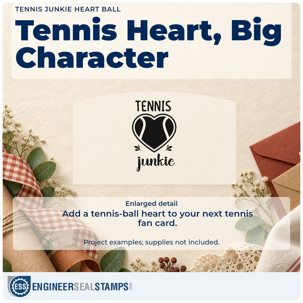 Enlarged detail of the Tennis Junkie Heart Lettering Hand Stamp – Duo imprint. TENNIS junkie surrounds a heart-shaped tennis ball with small accent strokes.
