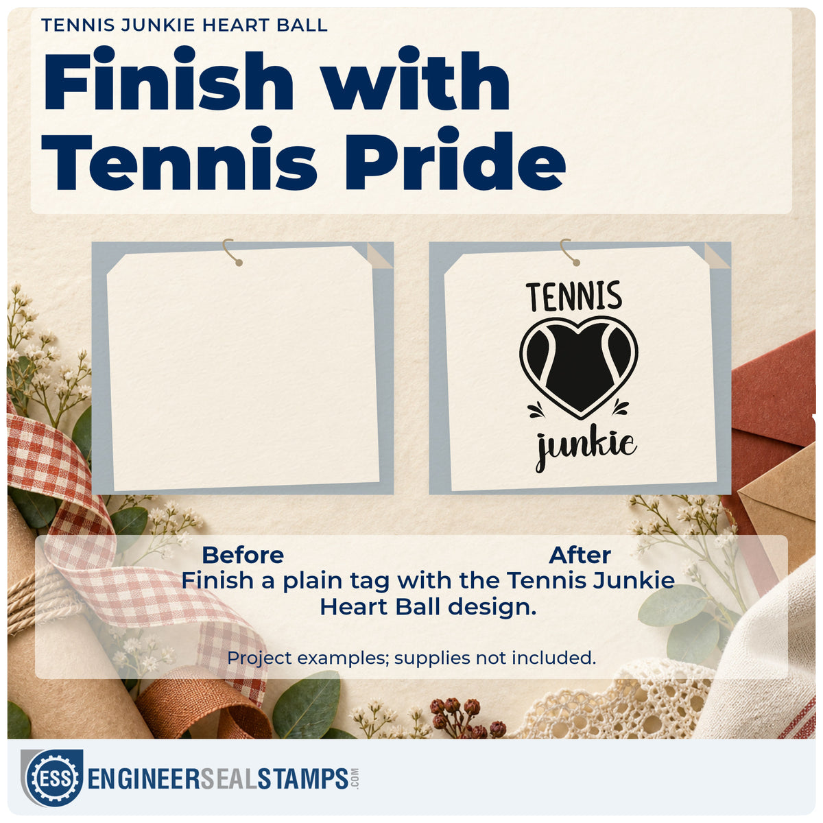 Before and after of a plain item finished with the Tennis Junkie Heart Lettering PSI Pre-Inked Stamp, a quick upgrade for framed court gate.