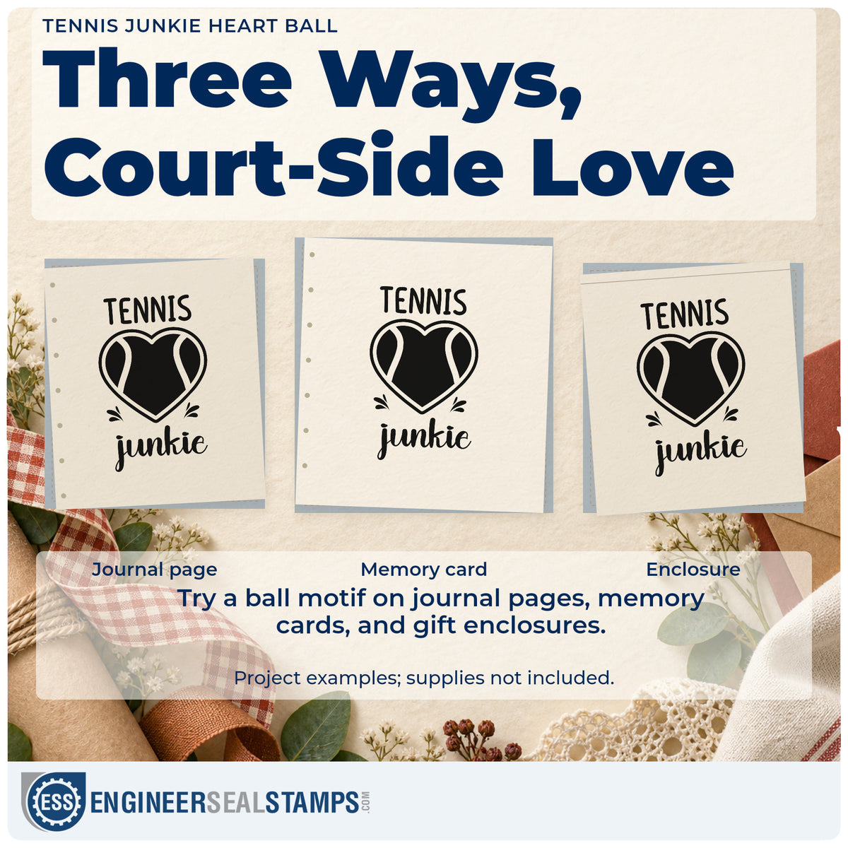 Three project examples made with the Tennis Junkie Heart Lettering PSI Pre-Inked Stamp, including drill rota sheet.