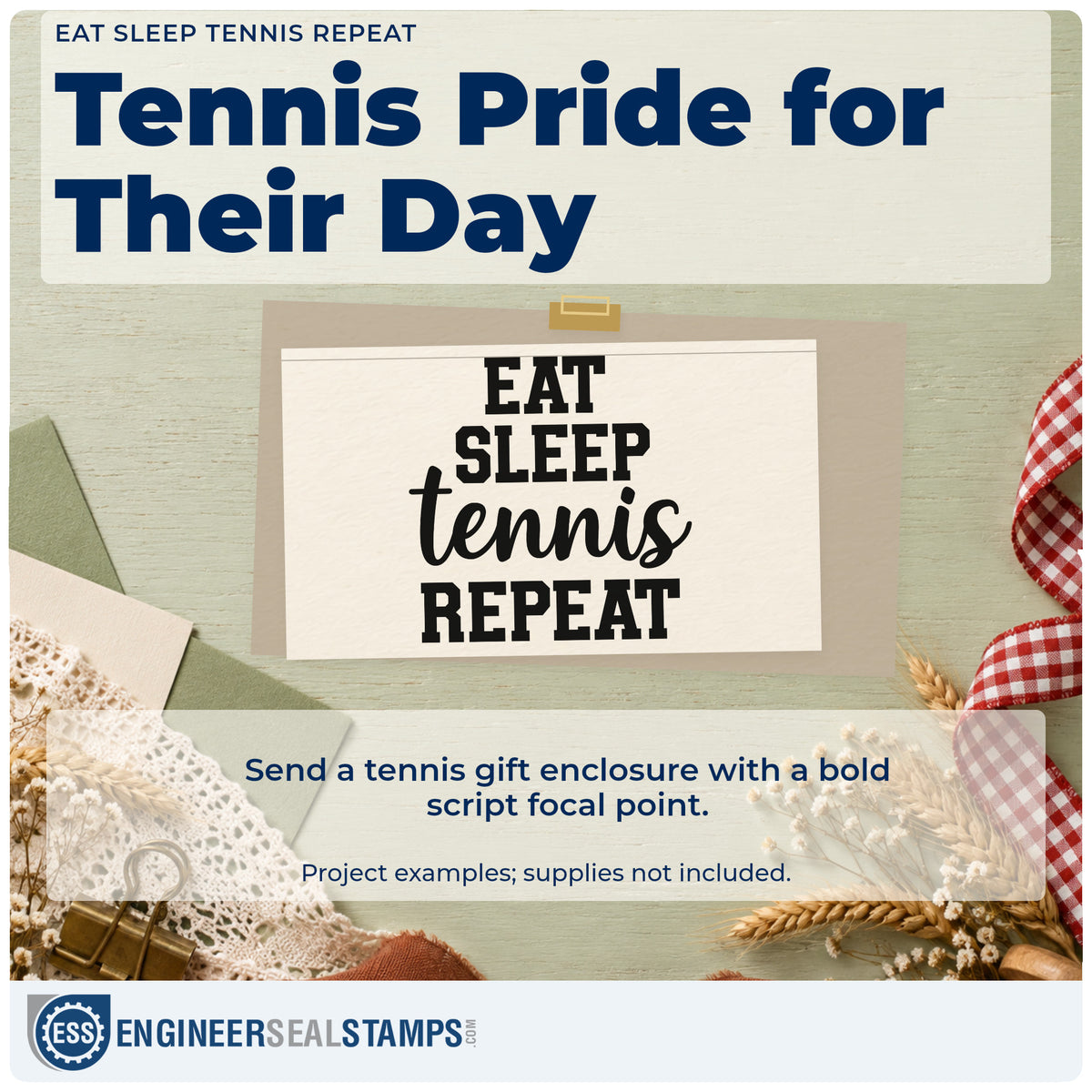 A finished handmade project stamped with the Eat Sleep Tennis Repeat Hand Stamp – Duo, ideal for academy term album page.
