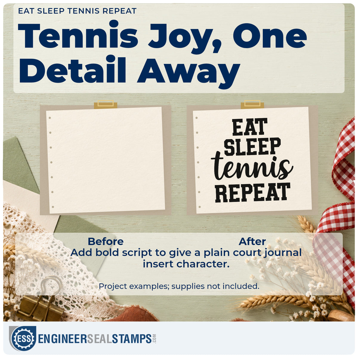 Before and after of a plain item finished with the Wood Handle Eat Sleep Tennis Repeat Rubber Stamp, a quick upgrade for framed dorm wall.