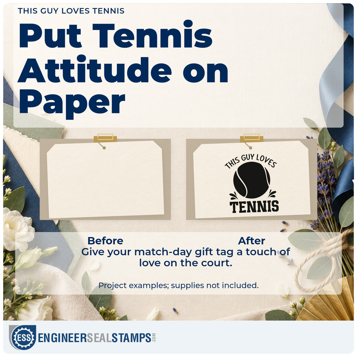 Before and after of a plain item finished with the This Guy Loves Tennis Ball Lettering PSI Pre-Inked Stamp, a quick upgrade for framed hall hook.