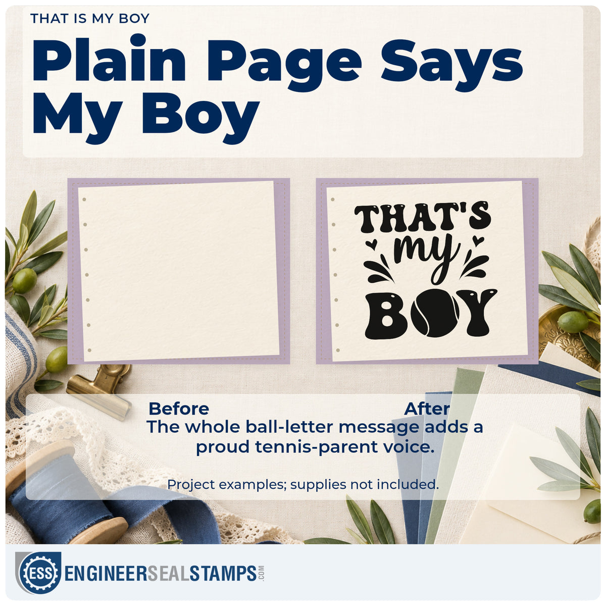 Before and after of a plain item finished with the That Is My Boy Hand Stamp – Duo, a quick upgrade for framed bedroom shelf.