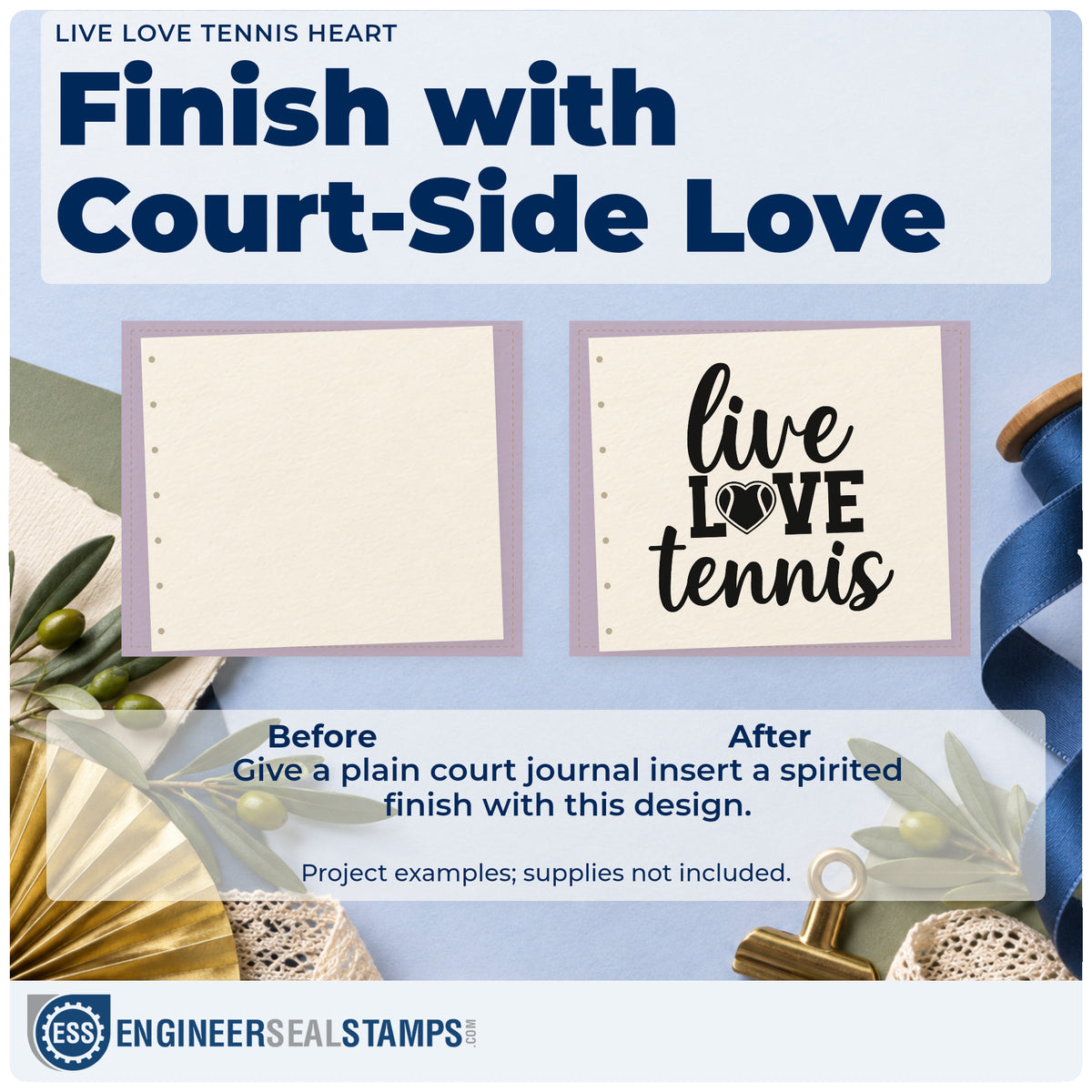 Before and after of a plain item finished with the Live Love Tennis Heart Slim Pre-Inked Stamp, a quick upgrade for framed café corner.