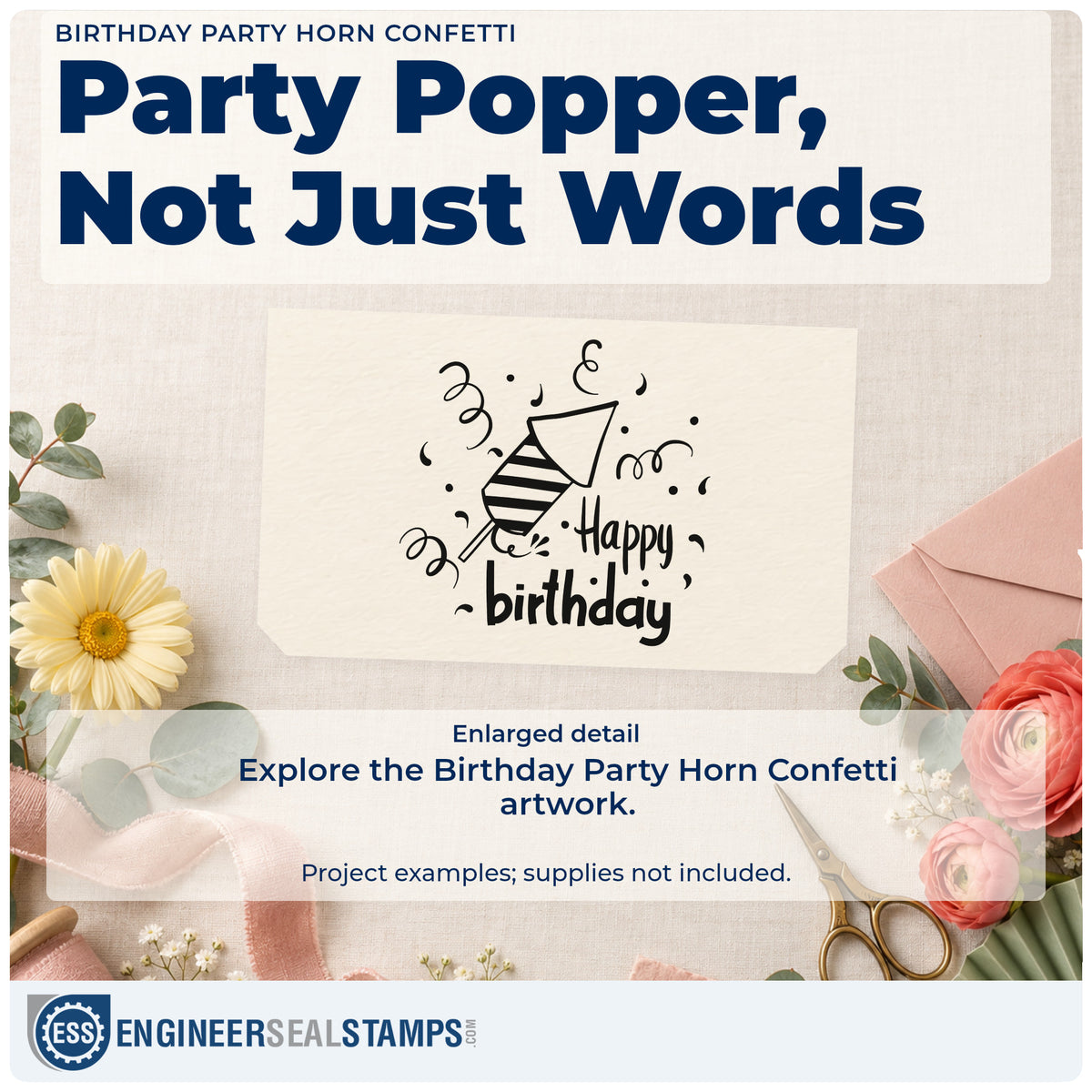 Enlarged detail of the Birthday Party Horn And Confetti Wood-Mounted Rubber Stamp imprint. A striped party horn sits among curling streamers beside Happy birthday.