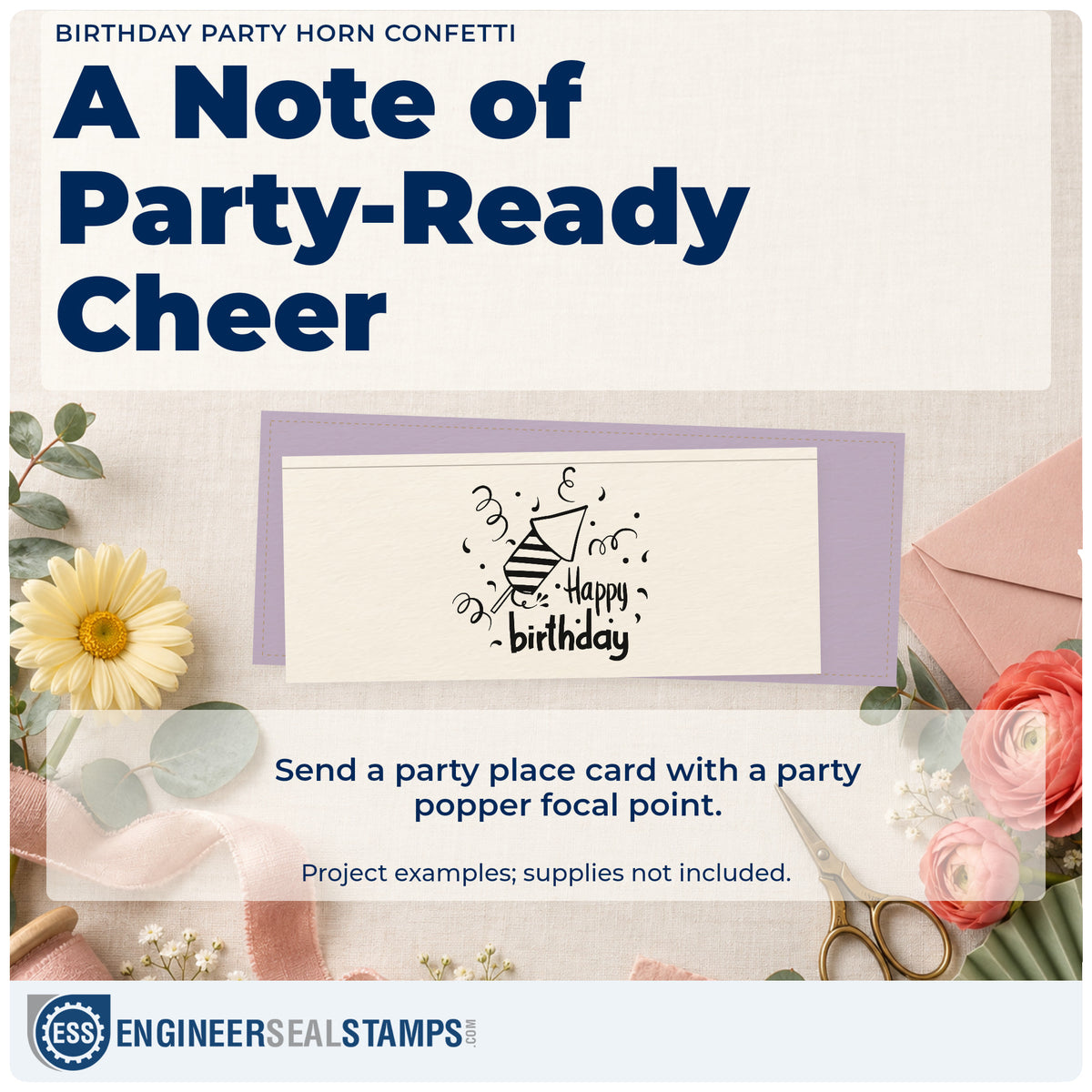 A finished handmade project stamped with the Birthday Party Horn And Confetti Wood-Mounted Rubber Stamp, ideal for milestone album page.