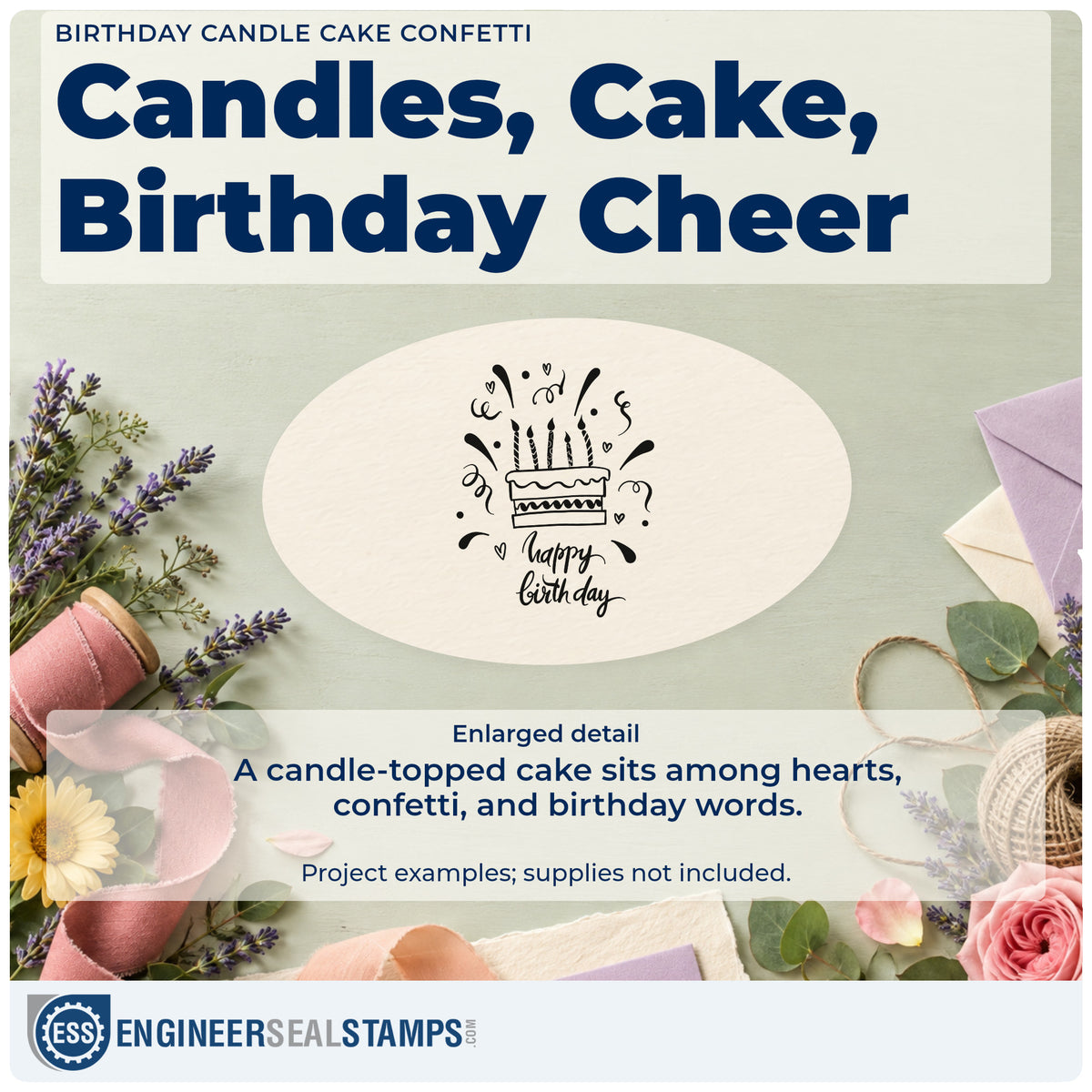 Enlarged detail of the Birthday Candle Cake Confetti Premium Wooden Stamp – Vintage Pro imprint. A small cake with several candles appears above happy birthday amid hearts and confetti.