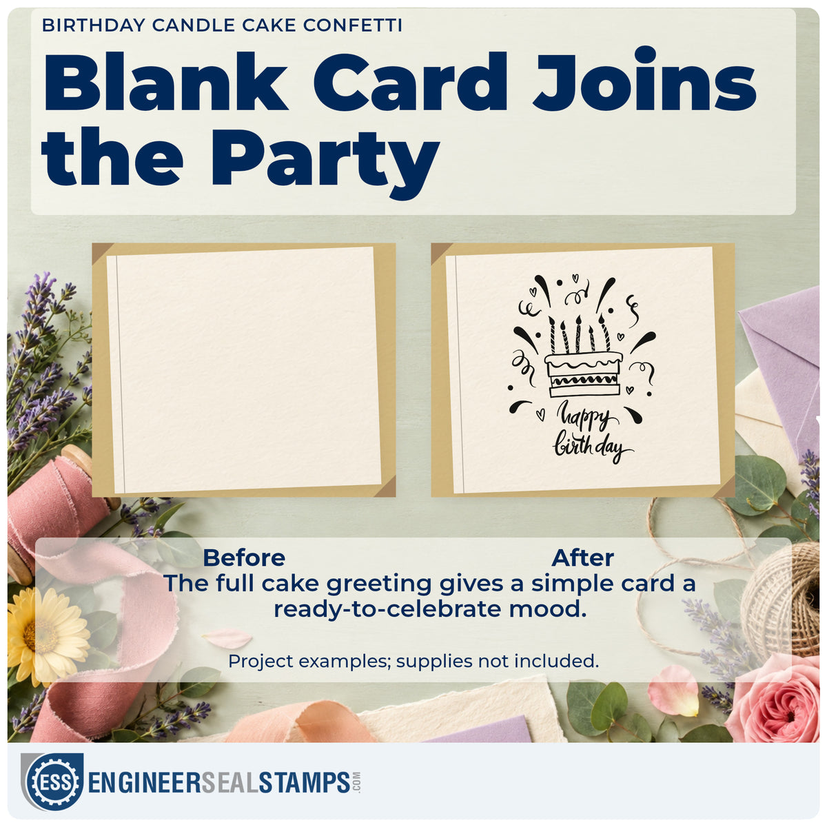 Before and after of a plain item finished with the Birthday Candle Cake Confetti Premium Wooden Stamp – Vintage Pro, a quick upgrade for framed break room.