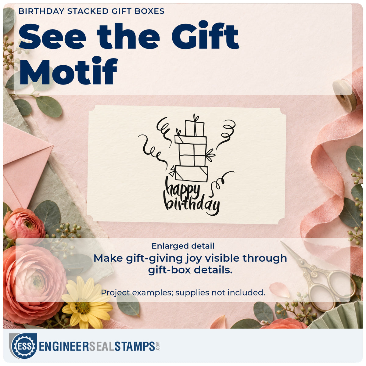 Enlarged detail of the Birthday Stacked Gift Boxes Premium Wooden Stamp – Vintage Pro imprint. Stacked ribboned gift boxes sit above happy birthday with curled streamers.