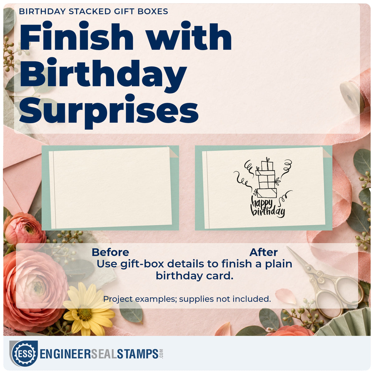 Before and after of a plain item finished with the Birthday Stacked Gift Boxes Premium Wooden Stamp – Vintage Pro, a quick upgrade for framed hall shelf.